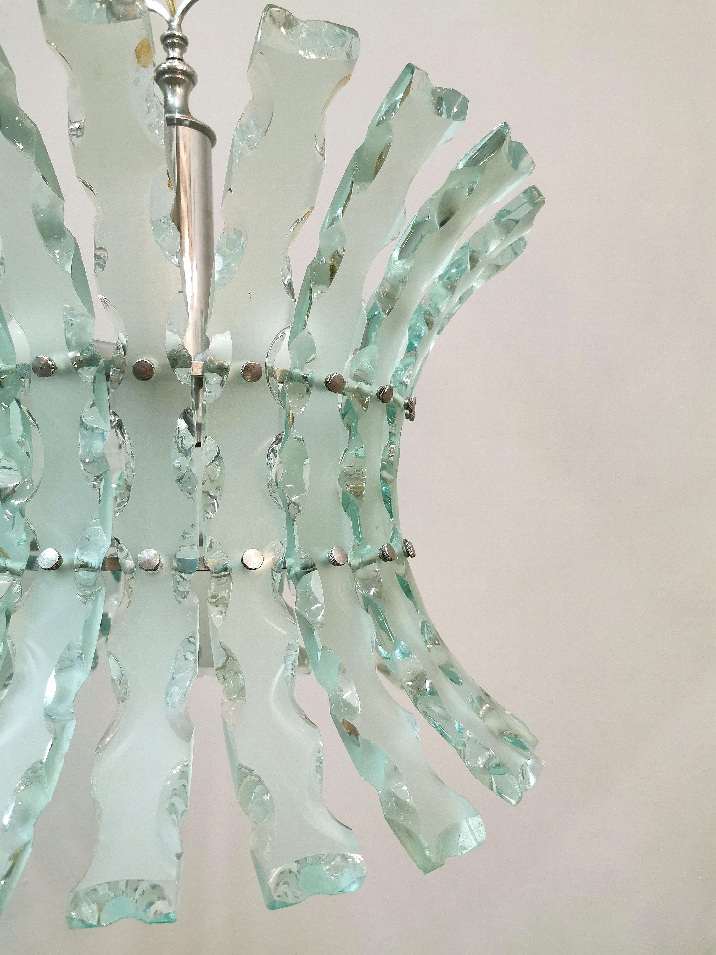  Chandelier Pendant Hammered Glass Fontana Arte Midcentury Italian Design 1960s In Good Condition In Palermo, IT