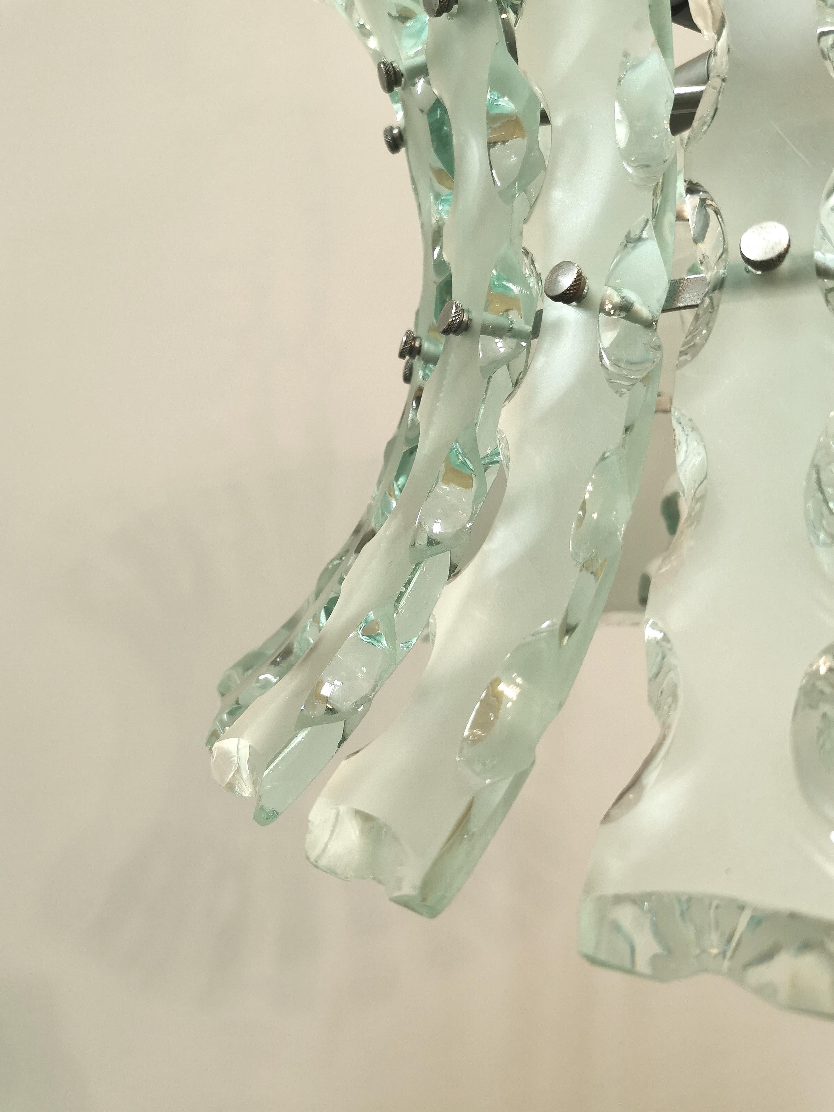 20th Century  Chandelier Pendant Hammered Glass Fontana Arte Midcentury Italian Design 1960s