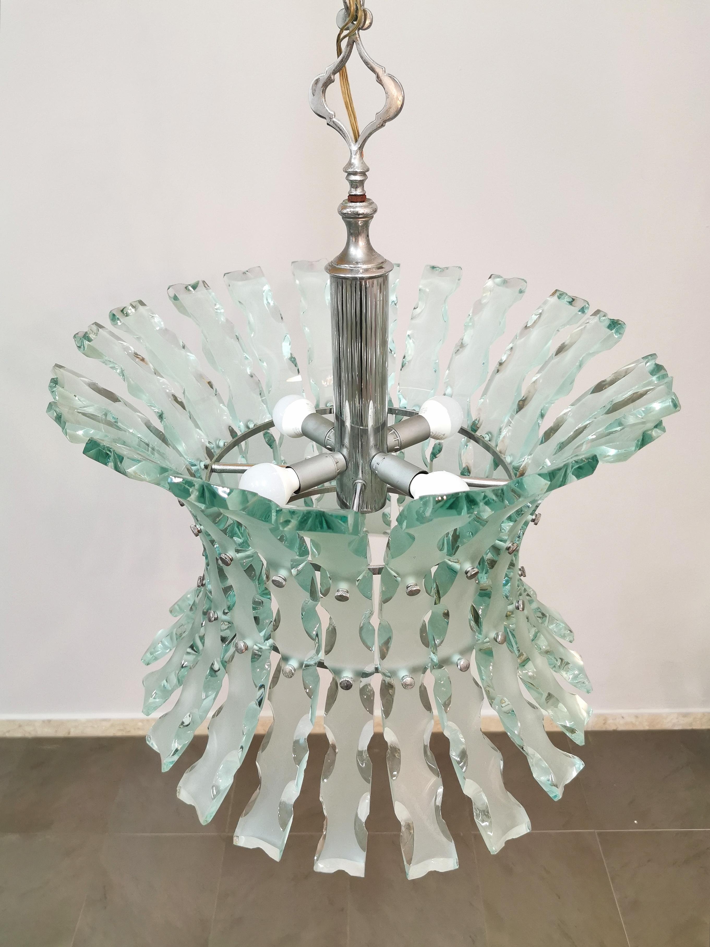  Chandelier Pendant Hammered Glass Fontana Arte Midcentury Italian Design 1960s 1