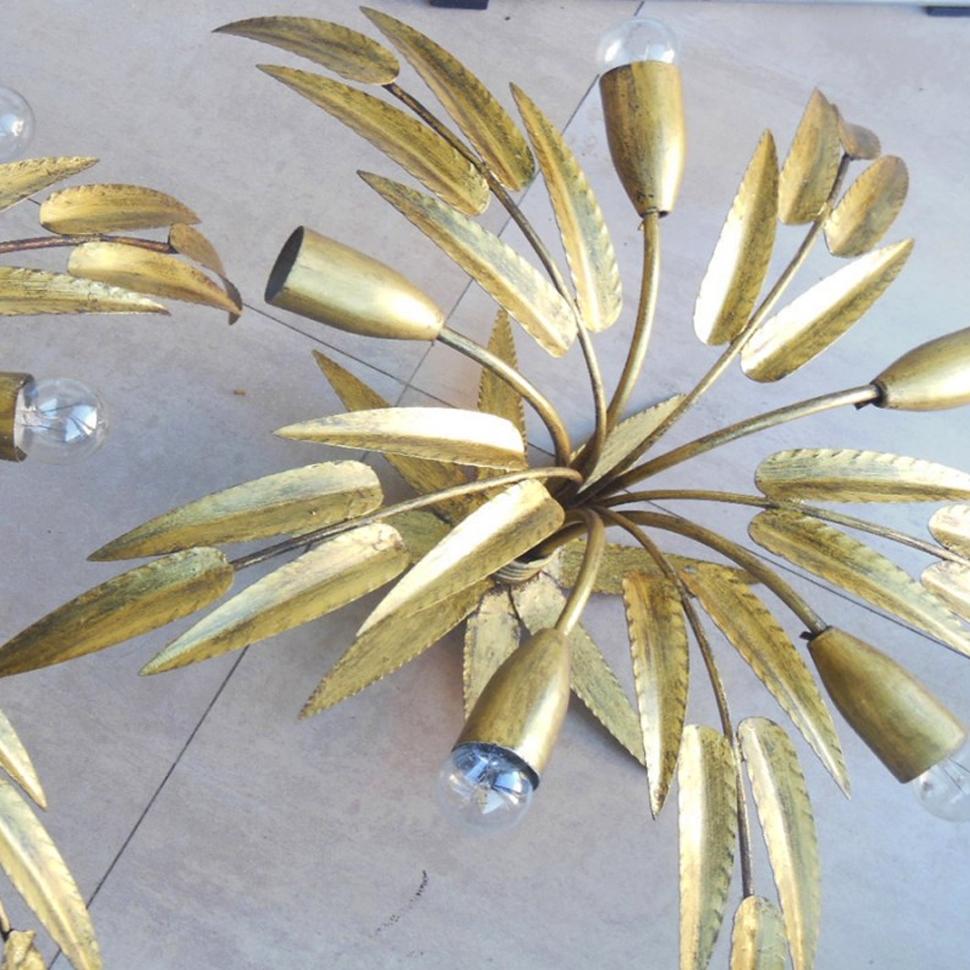 Mid-Century Modern Midcentury Chandelier Golden Leaves Handcrafted Wrought Iron, Spain, 1950s