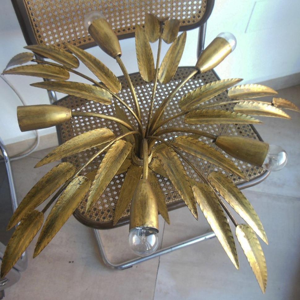 Spanish Midcentury Chandelier Golden Leaves Handcrafted Wrought Iron, Spain, 1950s