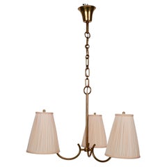 Retro Mid-Century Chandelier in Brass & 3 Silk Shades, from Rupert Nikoll Co., Austria