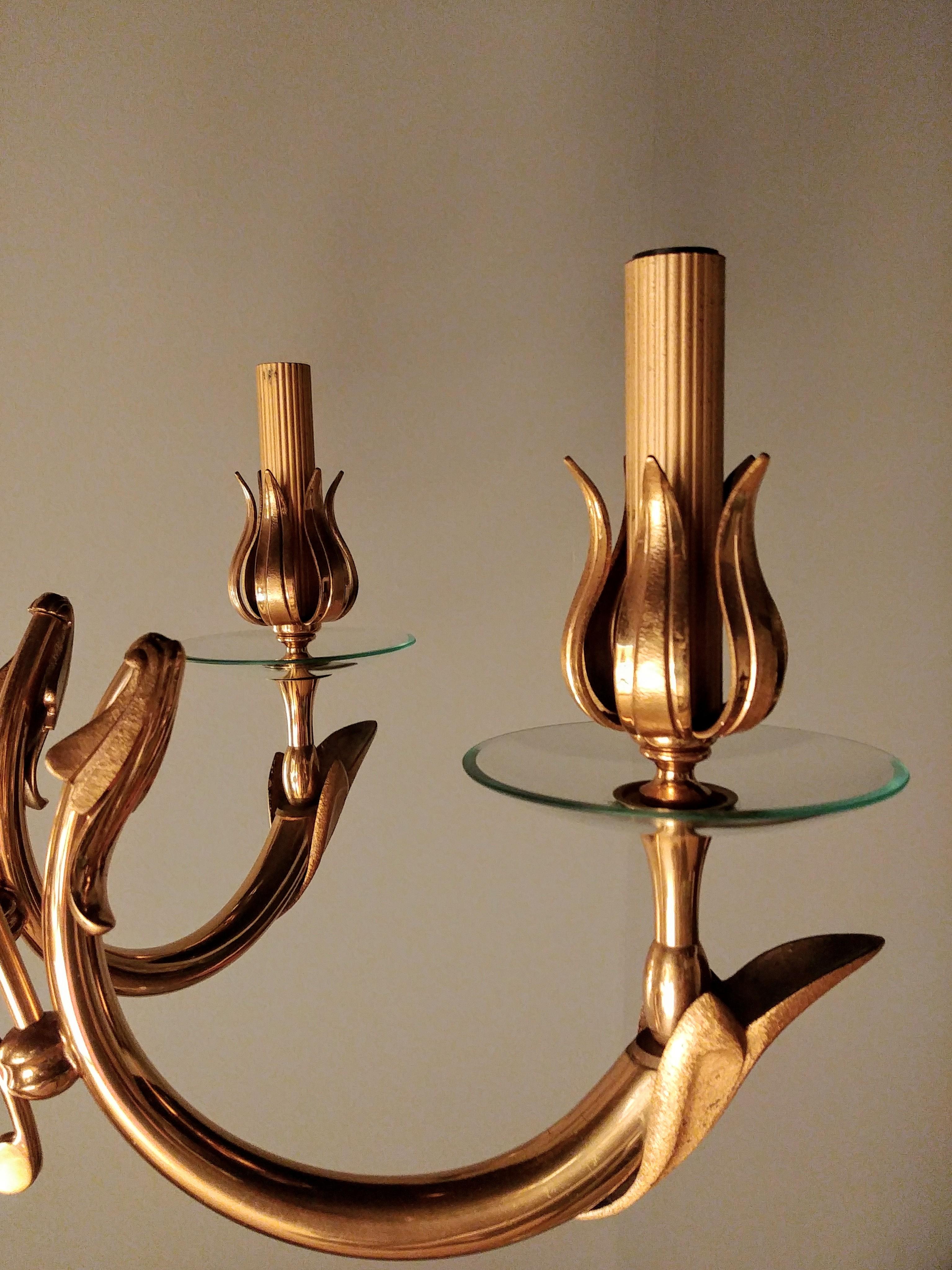 Mid-Century Modern Midcentury Chandelier Brass Glass Attributed to Oscar Torlasco Italy 1960s For Sale