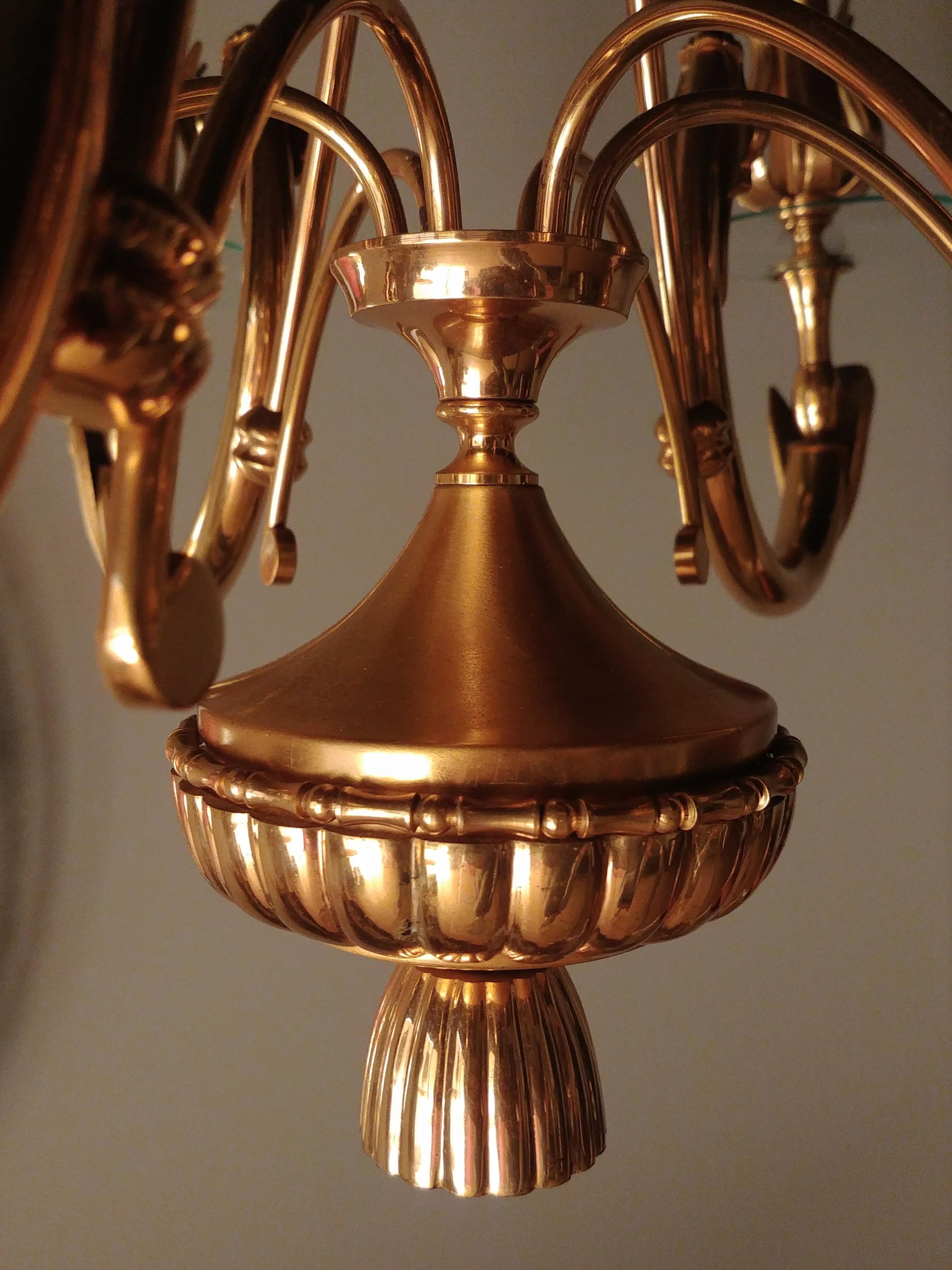 Italian Midcentury Chandelier Brass Glass Attributed to Oscar Torlasco Italy 1960s For Sale