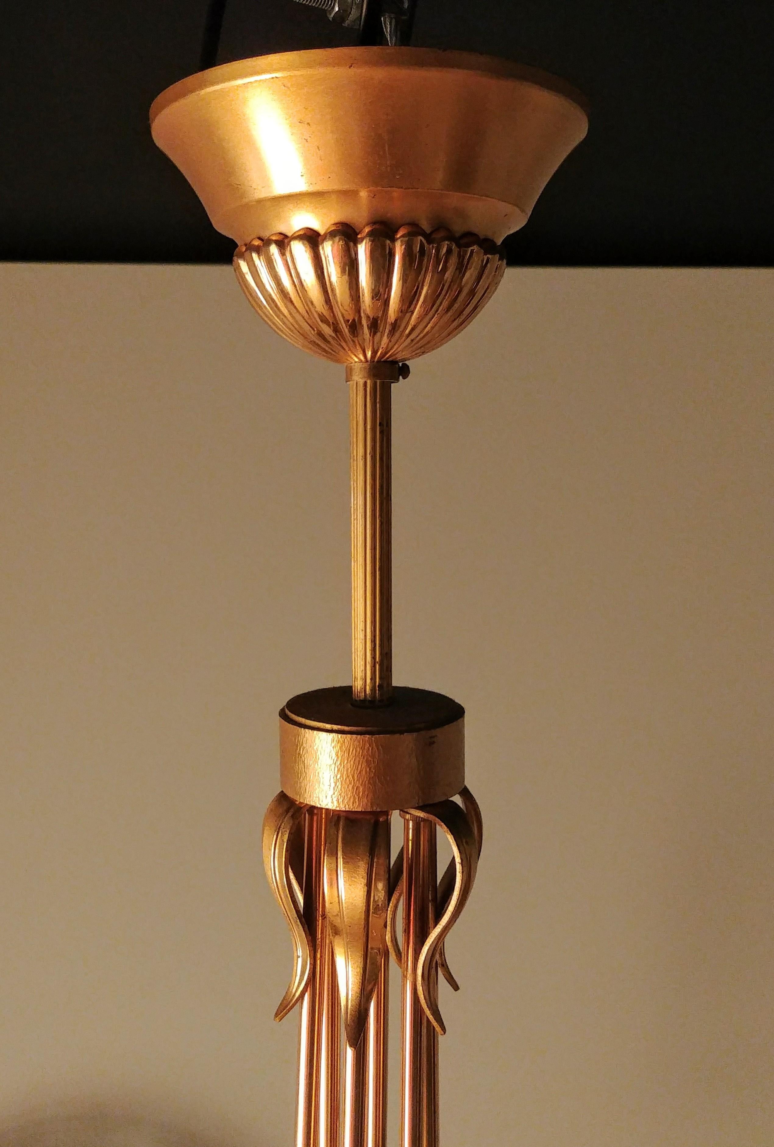 20th Century Midcentury Chandelier Brass Glass Attributed to Oscar Torlasco Italy 1960s For Sale