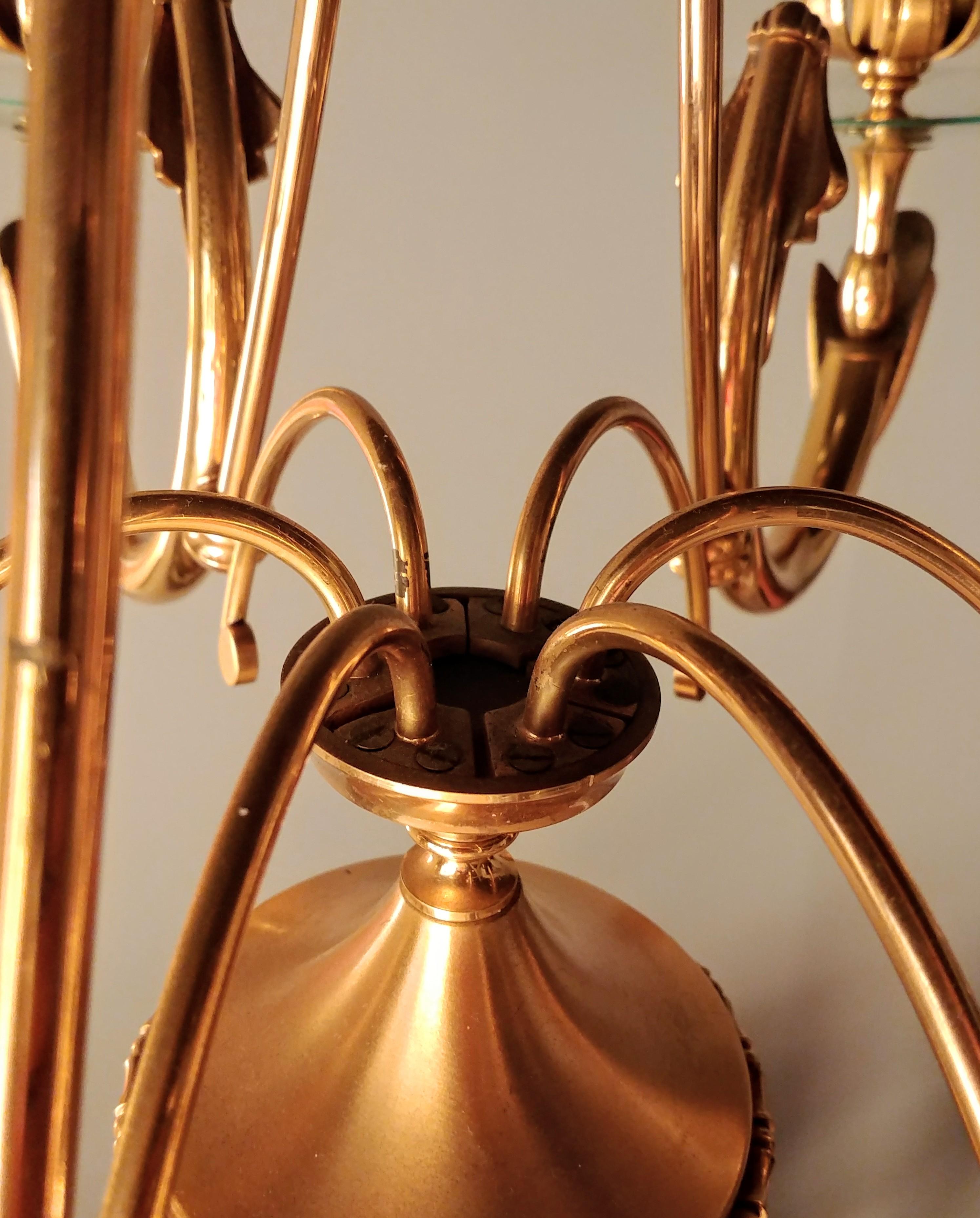 Midcentury Chandelier Brass Glass Attributed to Oscar Torlasco Italy 1960s For Sale 2