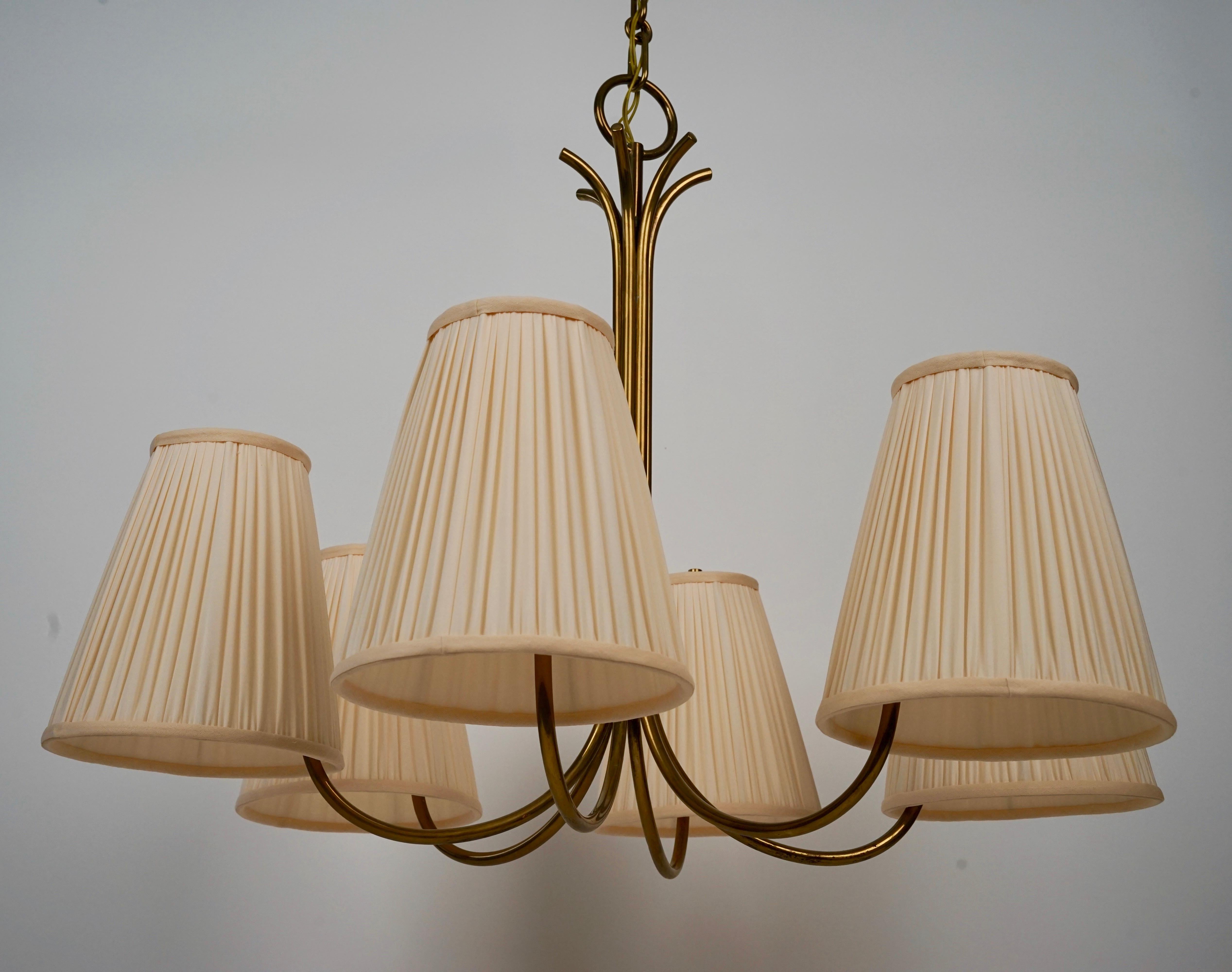 Mid Century chandelier in Brass with Six Silk Shades from Josef Frank 3