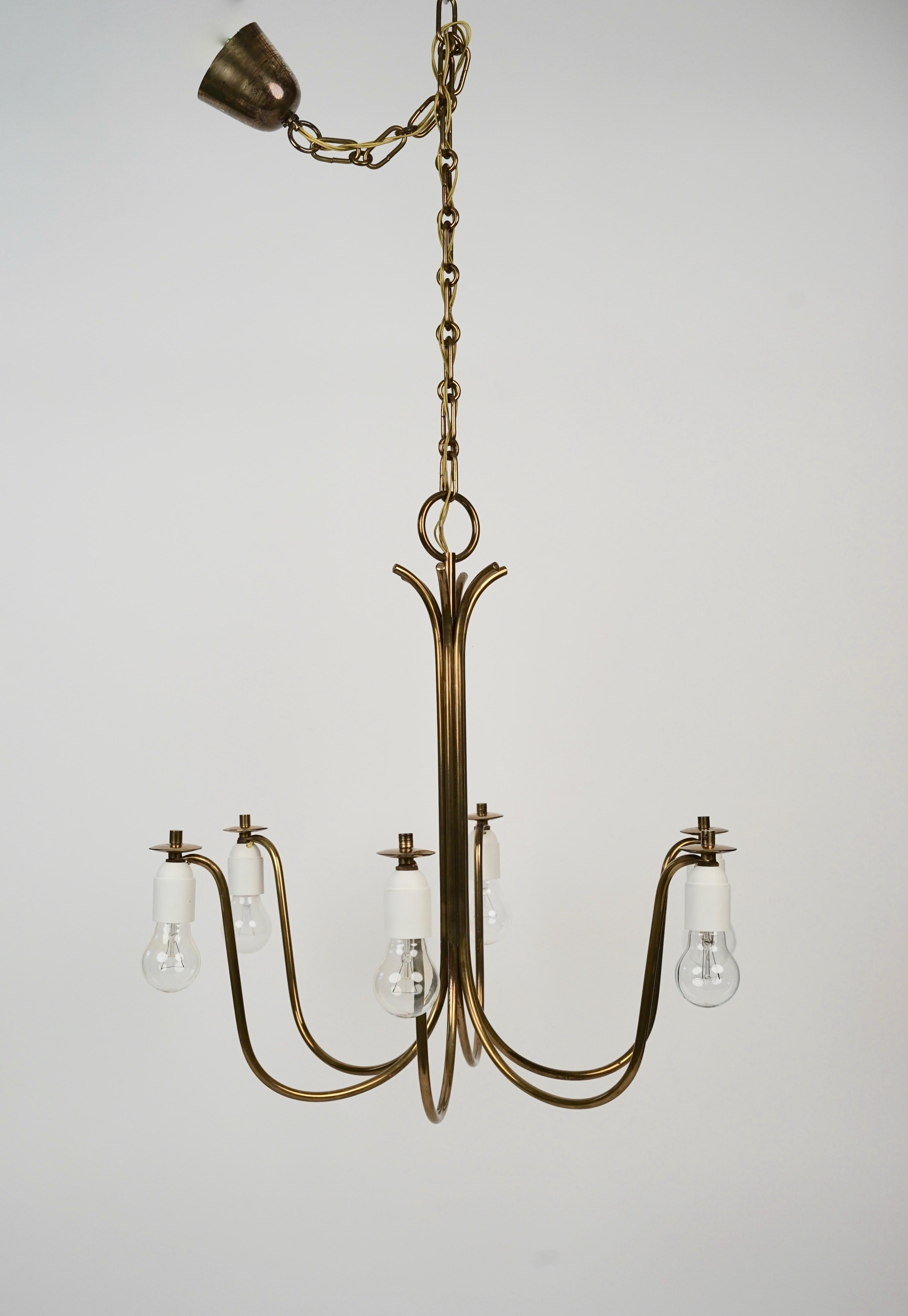 Mid-Century Modern Mid Century chandelier in Brass with Six Silk Shades from Josef Frank