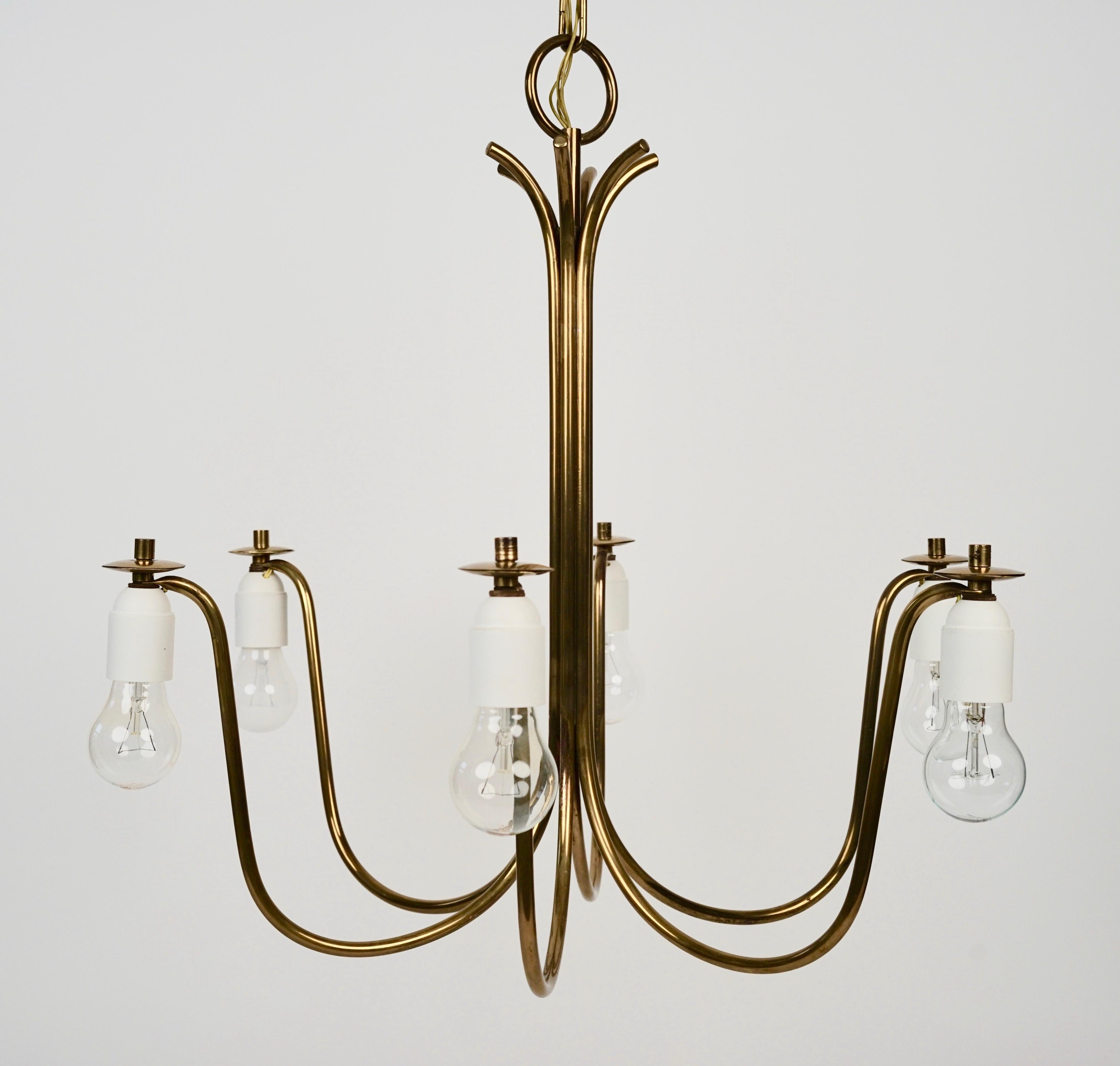 Austrian Mid Century chandelier in Brass with Six Silk Shades from Josef Frank