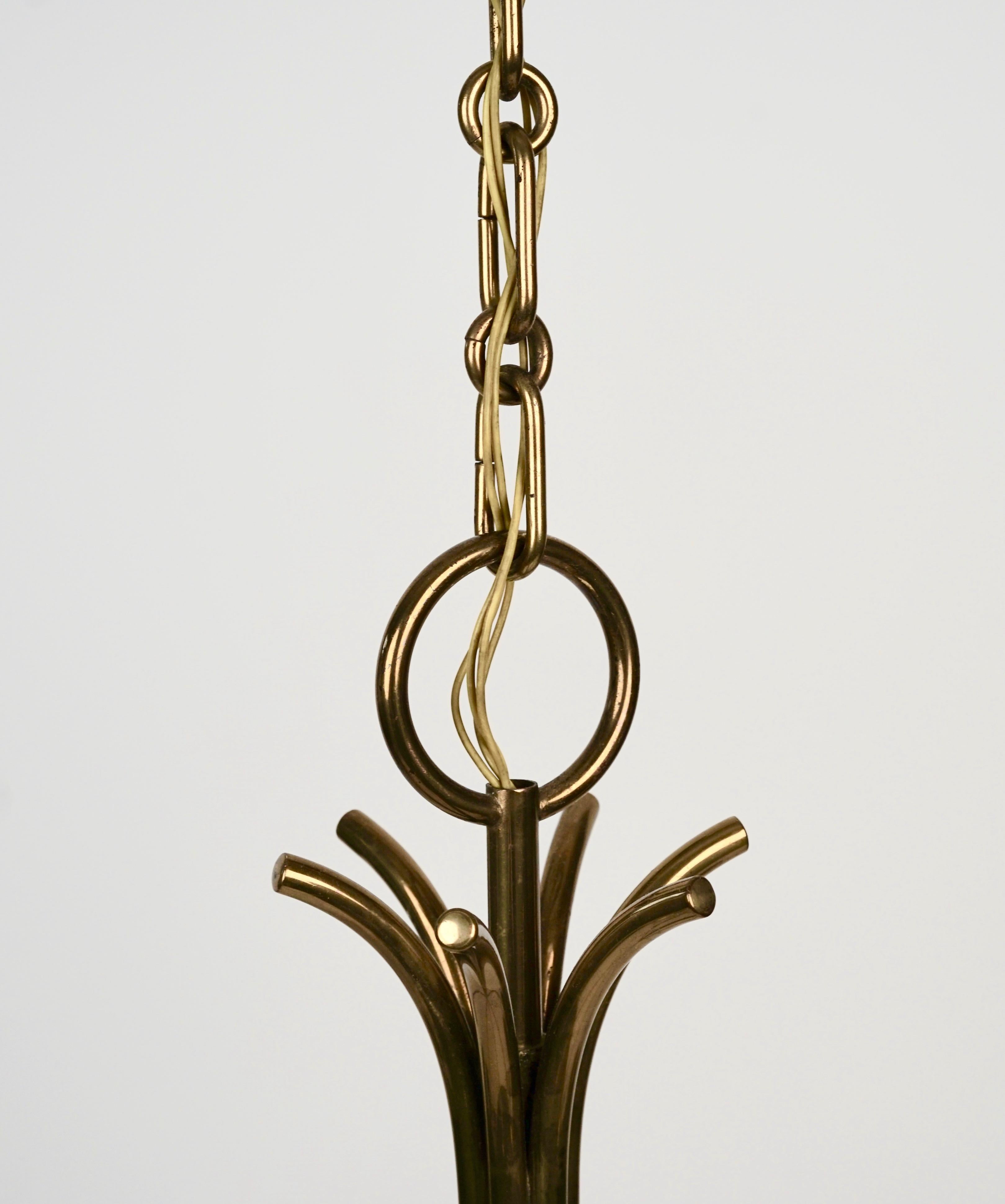 Mid Century chandelier in Brass with Six Silk Shades from Josef Frank In Good Condition In Vienna, Austria