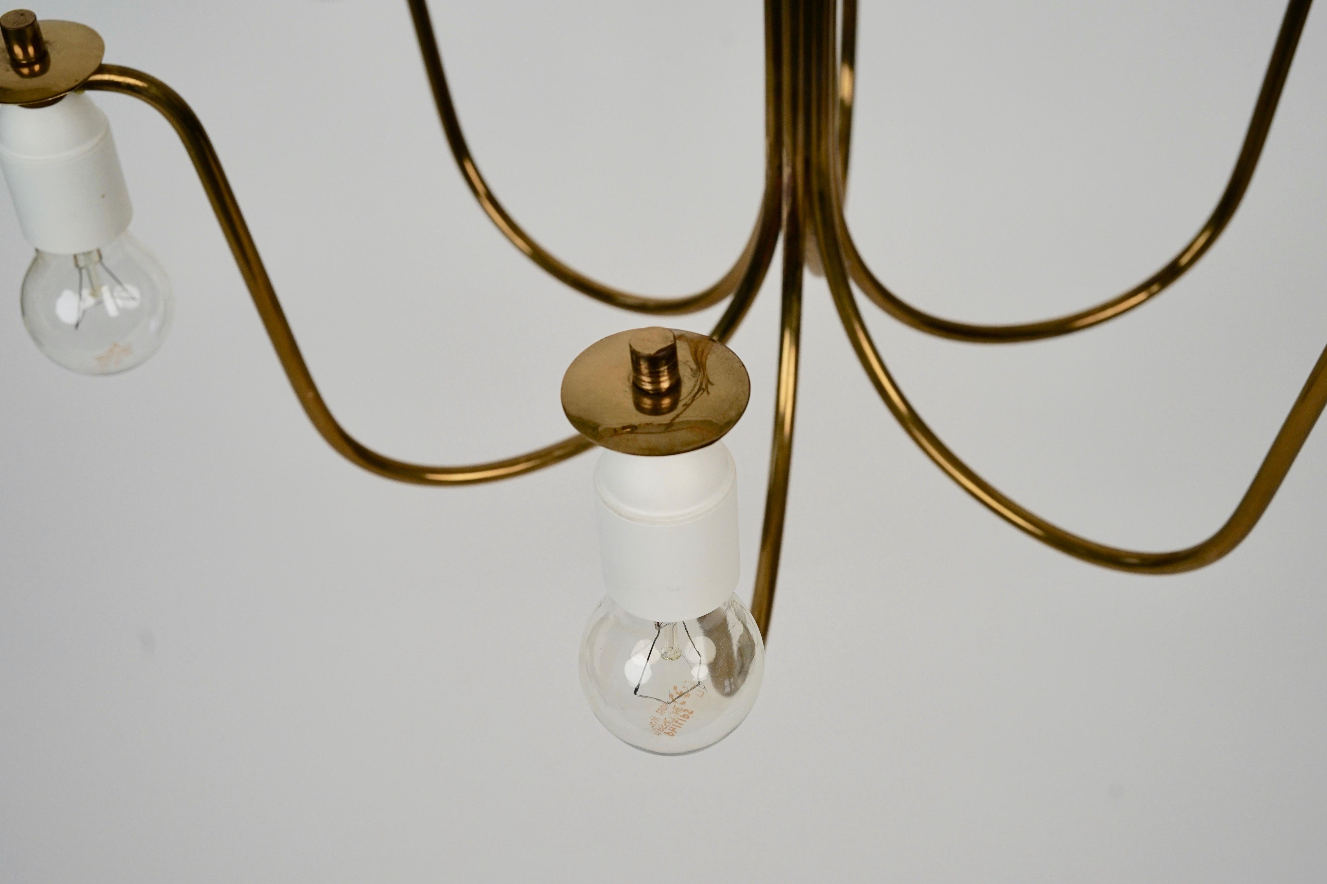 20th Century Mid Century chandelier in Brass with Six Silk Shades from Josef Frank