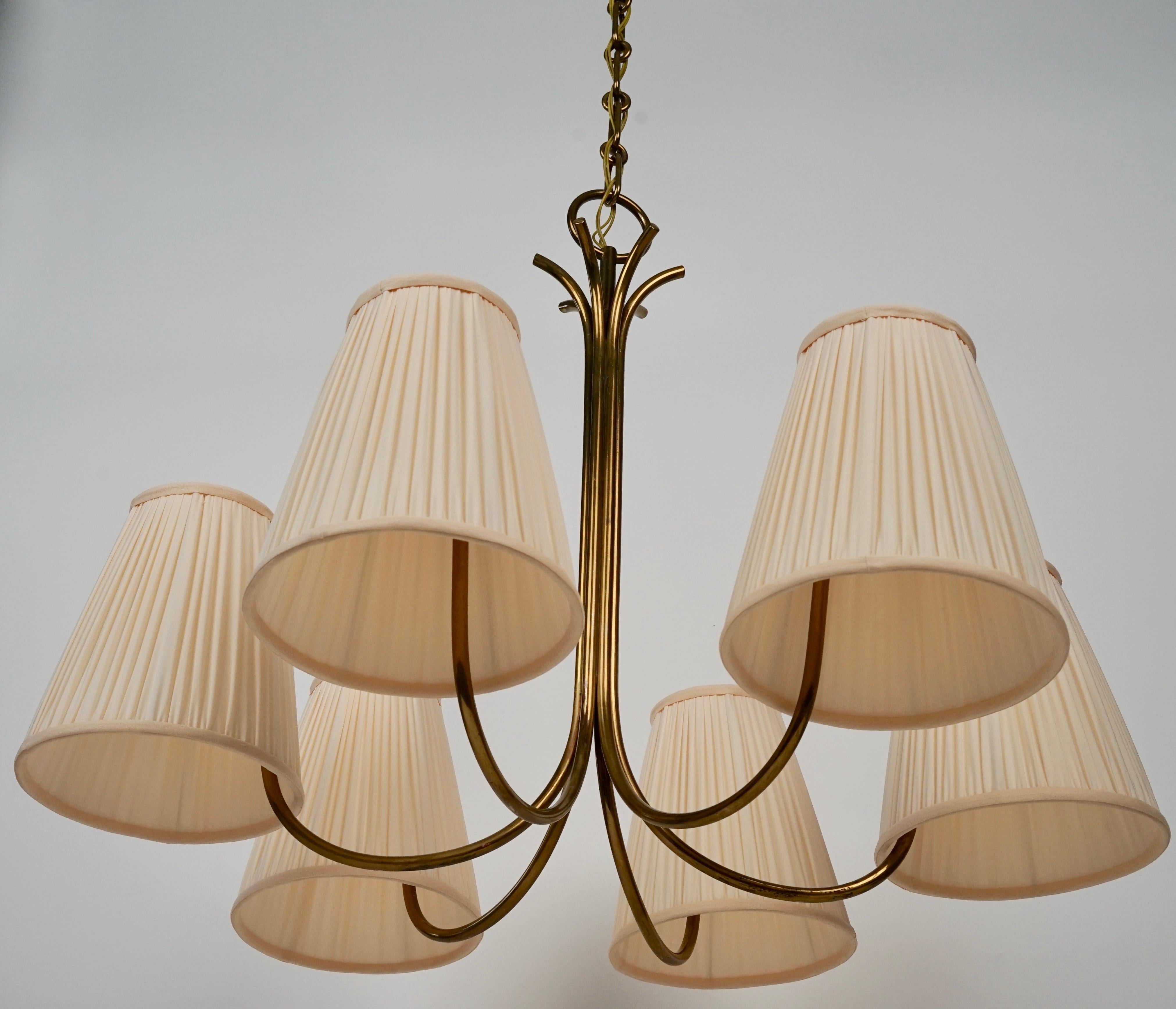 Mid Century chandelier in Brass with Six Silk Shades from Josef Frank 1