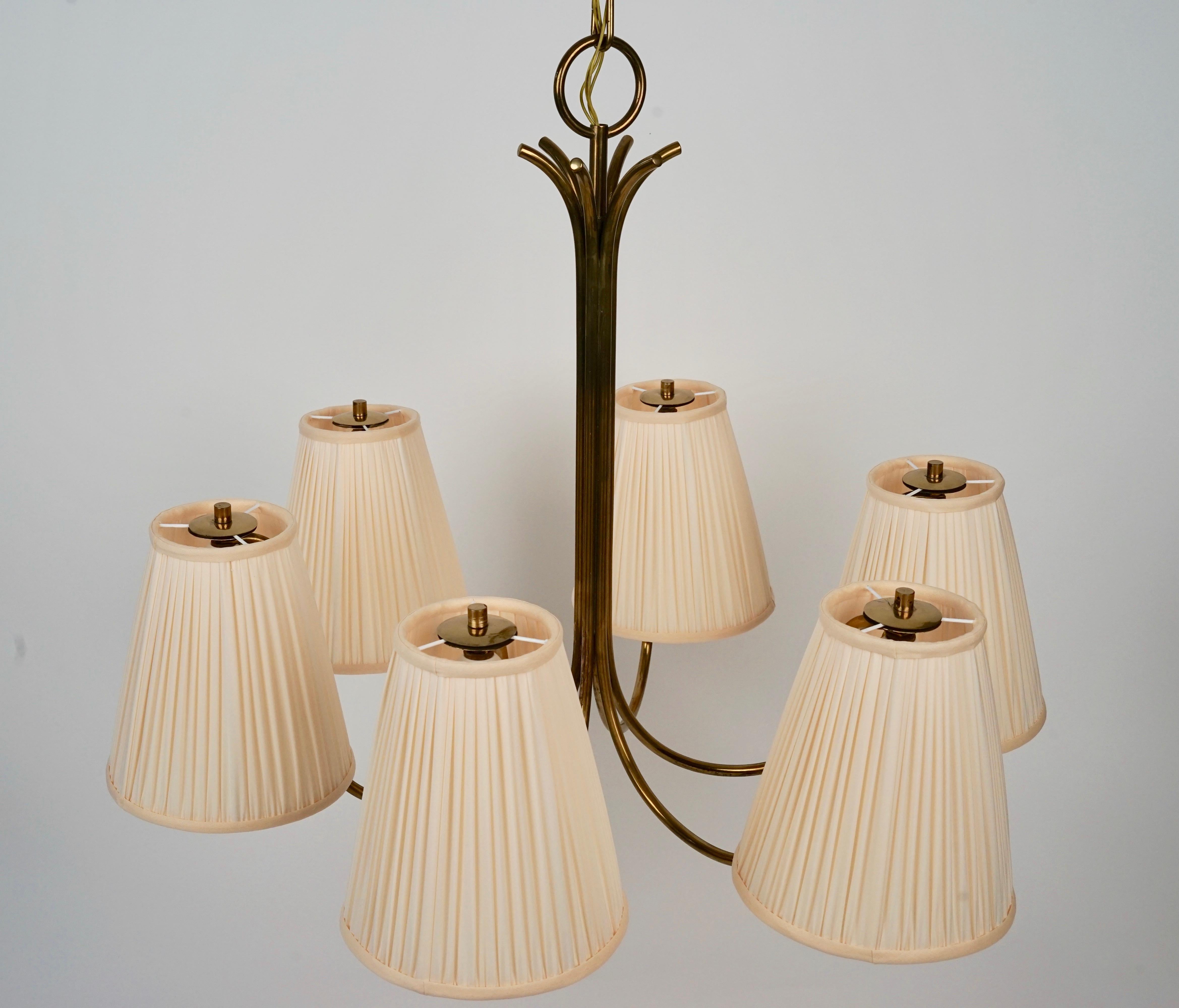 Mid Century chandelier in Brass with Six Silk Shades from Josef Frank 2