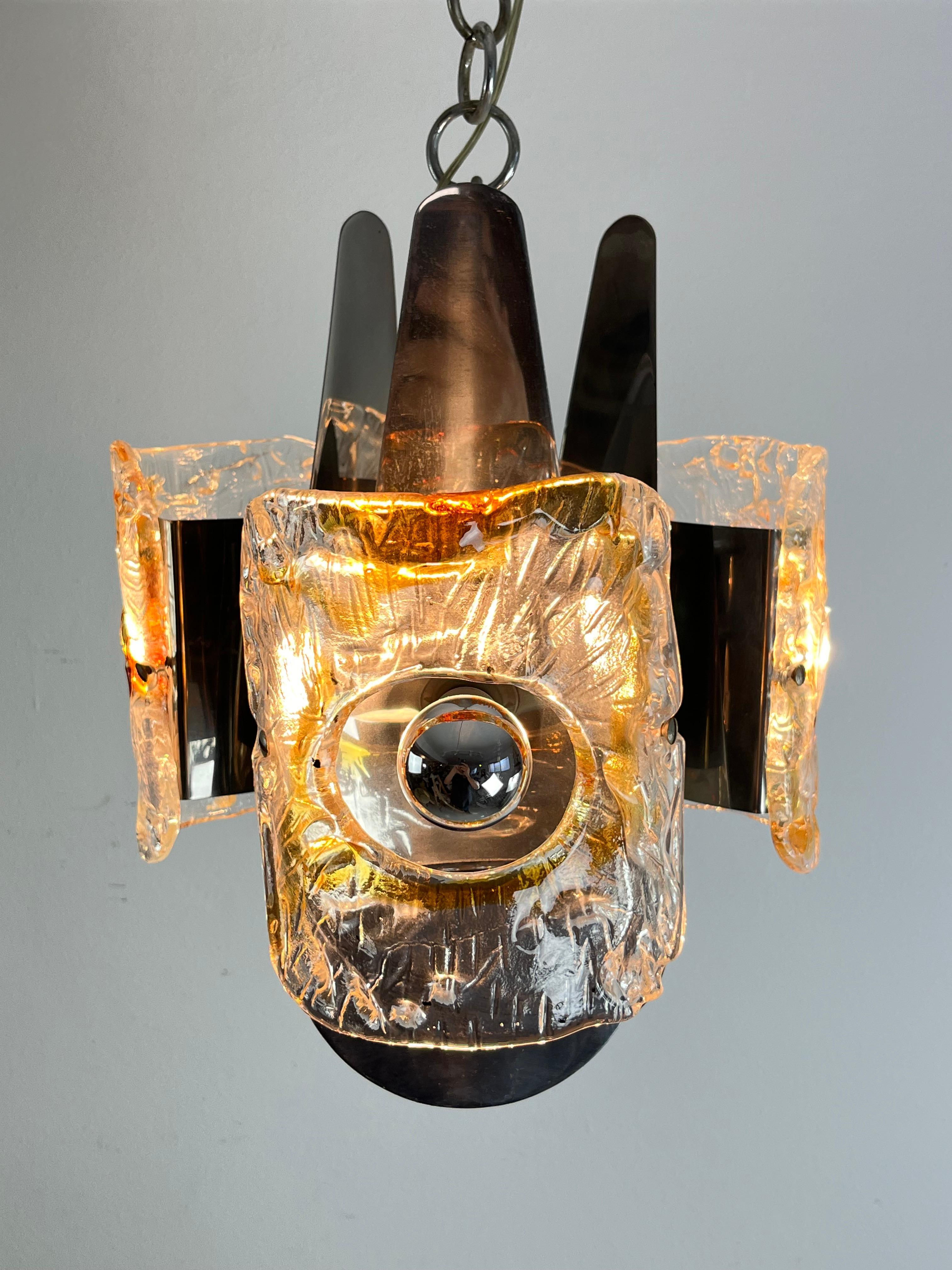 Steel Mid-Century Chandelier In Murano Glass Attributed to Toni Zuccheri for Mazzega For Sale