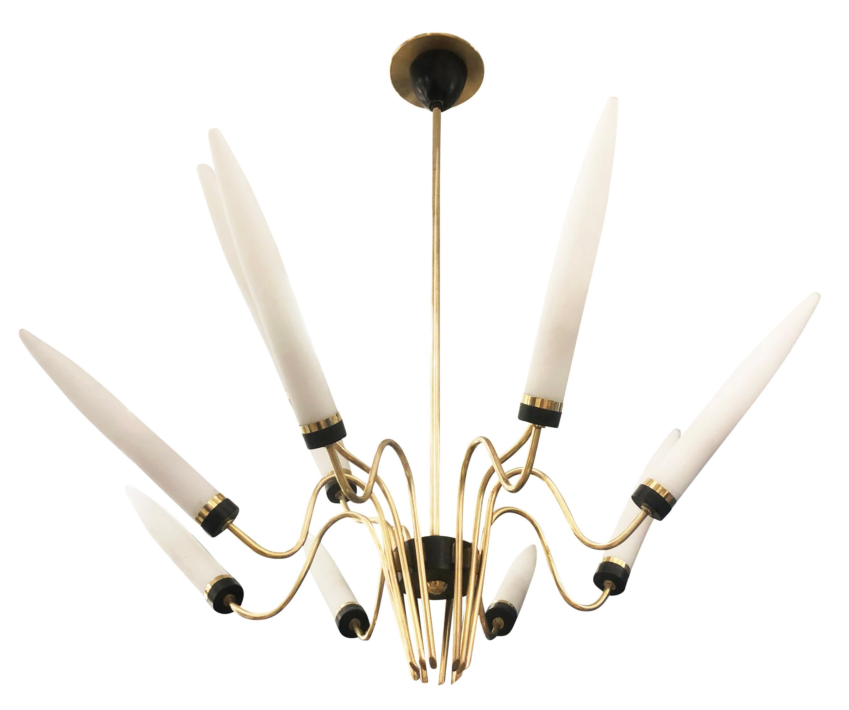 1960s midcentury chandelier reminiscent of the designs of Arredoluce with twelve elongated frosted glass shades mounted on sloping brass arms with black accents. Holds 12 candelabra sockets. Height of stem can be adjusted as needed.

Condition:
