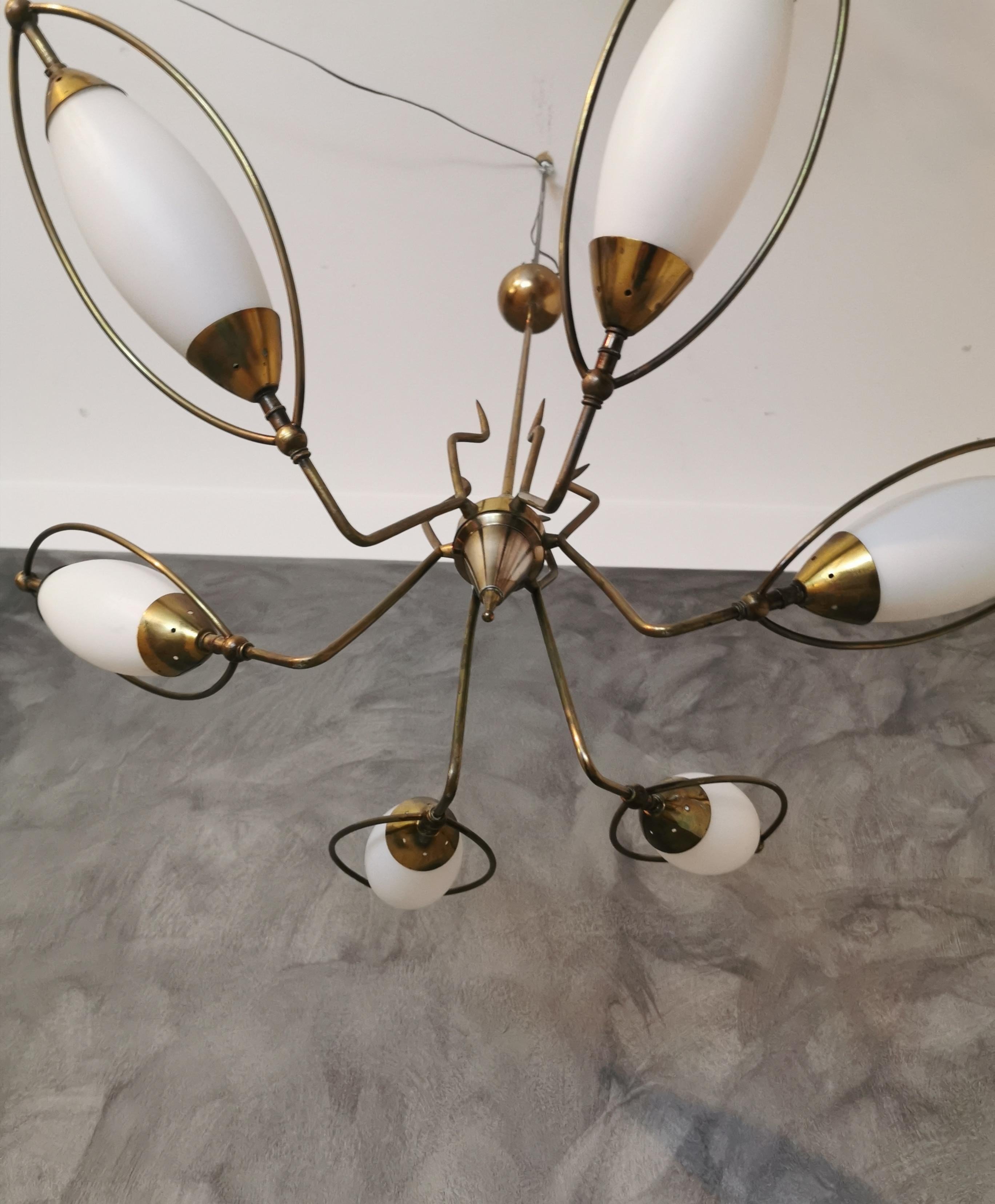 Mid-Century Modern Mid Century Chandelier in the Style of Stilnovo Brass Opal Glass Italy, 1960s