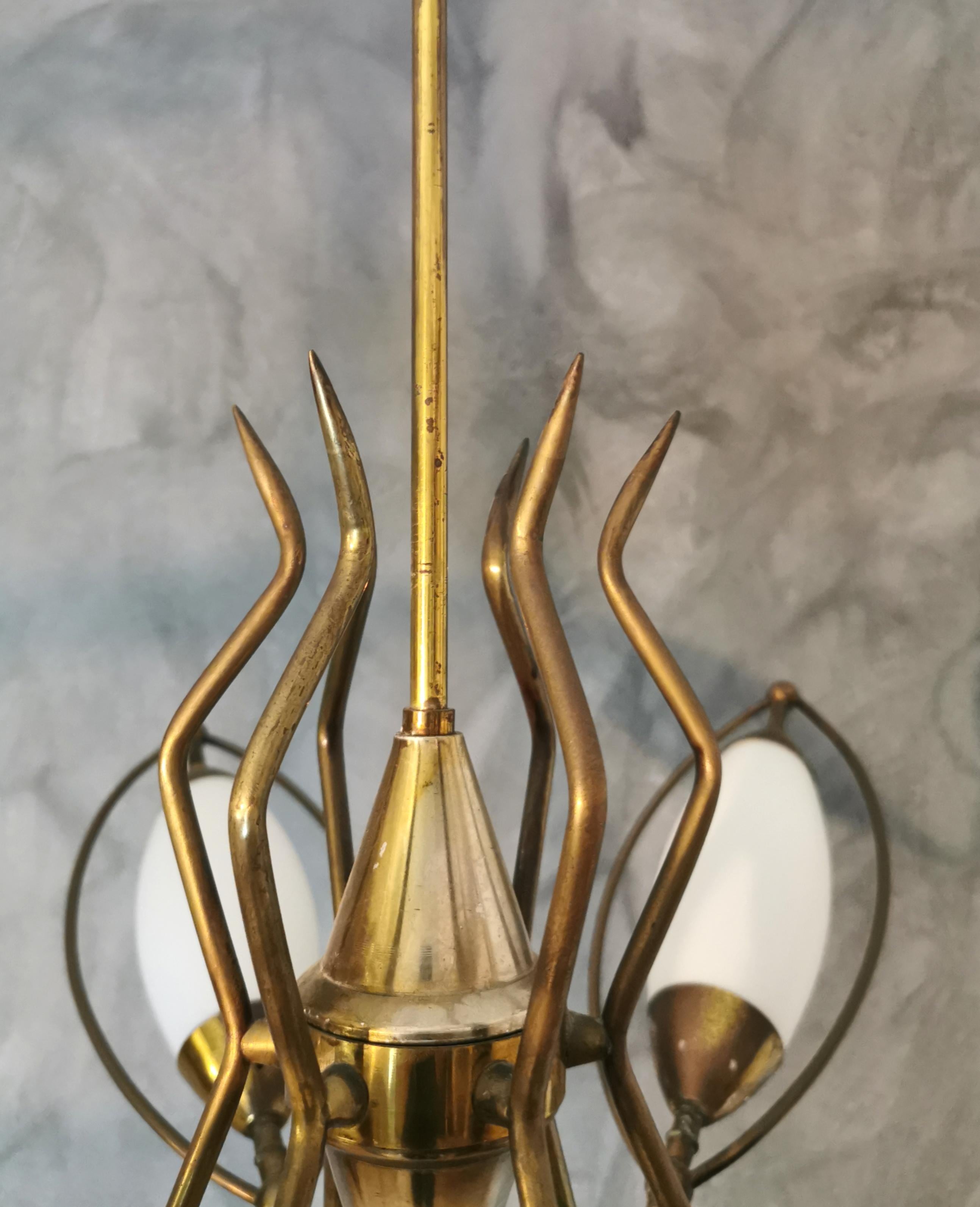 Mid Century Chandelier in the Style of Stilnovo Brass Opal Glass Italy, 1960s In Good Condition In Palermo, IT