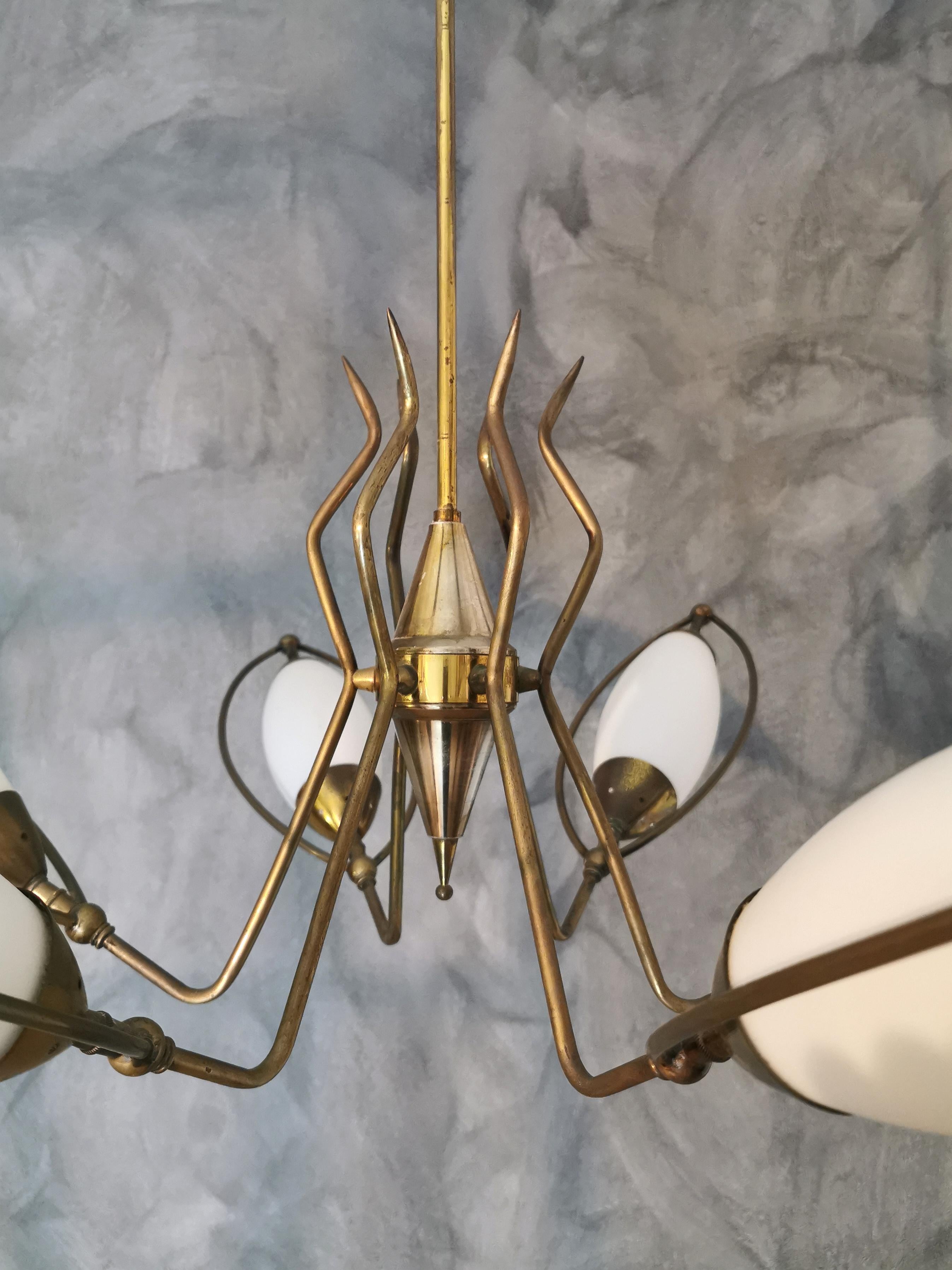 Mid-20th Century Mid Century Chandelier in the Style of Stilnovo Brass Opal Glass Italy, 1960s