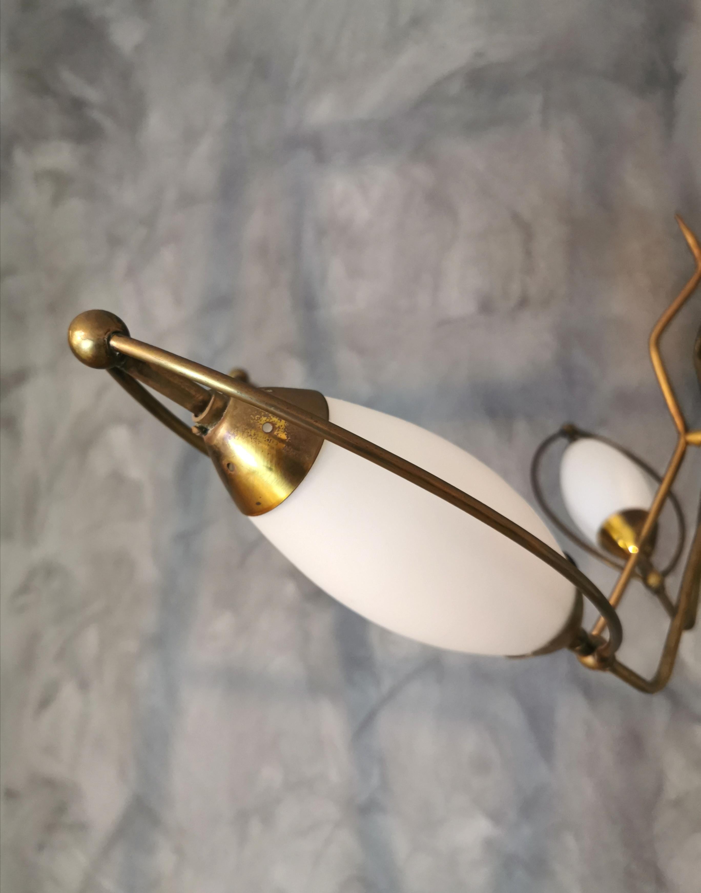 Mid Century Chandelier in the Style of Stilnovo Brass Opal Glass Italy, 1960s 1