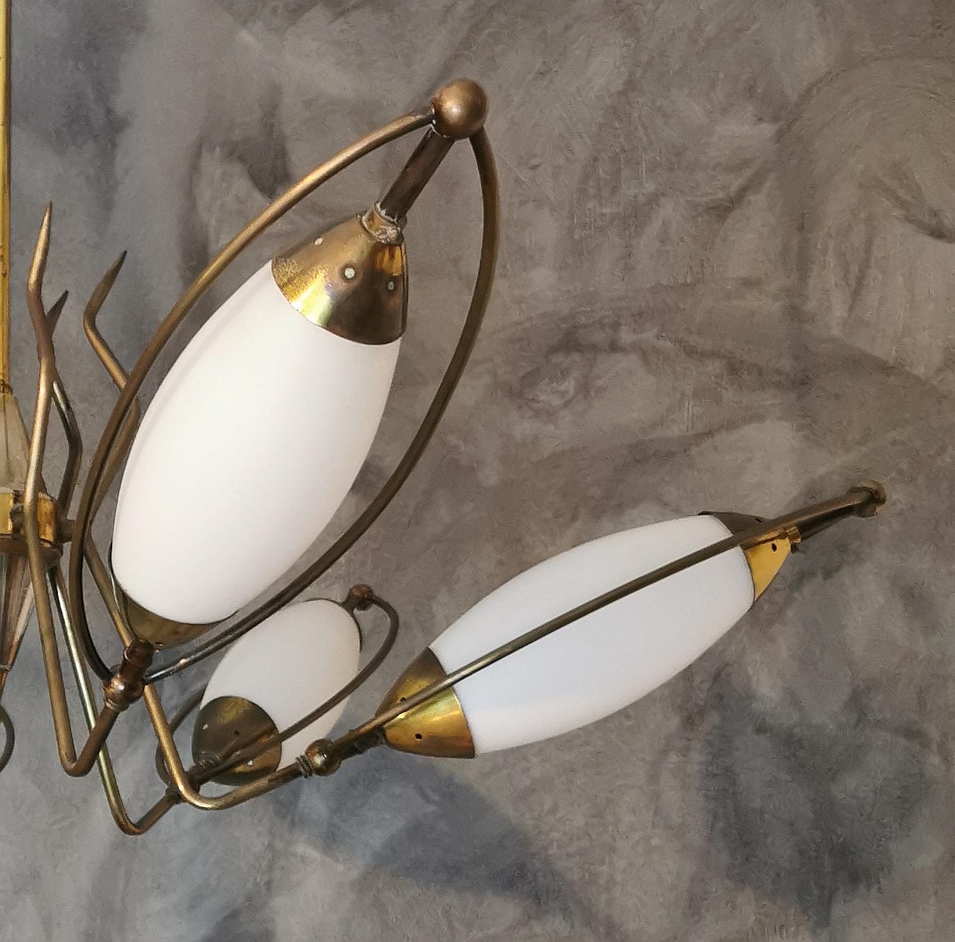 Mid Century Chandelier in the Style of Stilnovo Brass Opal Glass Italy, 1960s 2