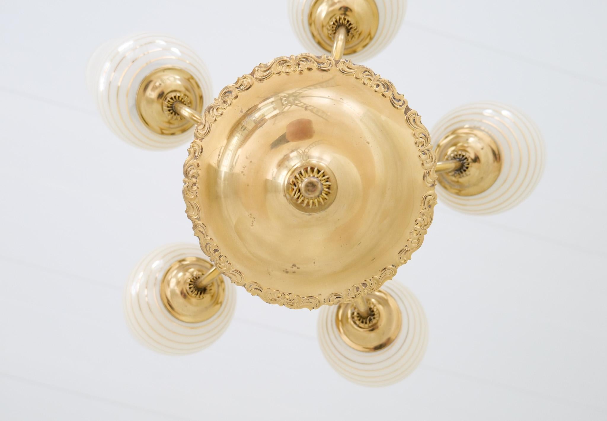 Mid Century Chandelier Lamp in Brass and Glass by Sario, Finland, 1950s For Sale 6