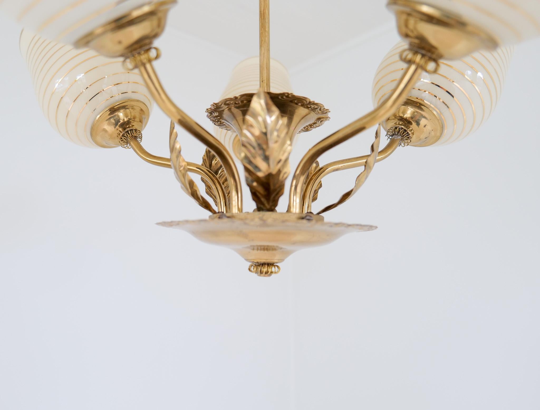 Mid Century Chandelier Lamp in Brass and Glass by Sario, Finland, 1950s For Sale 9