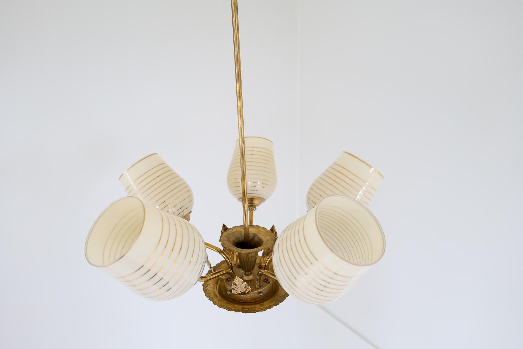 Mid Century Chandelier Lamp in Brass and Glass by Sario, Finland, 1950s For Sale 11