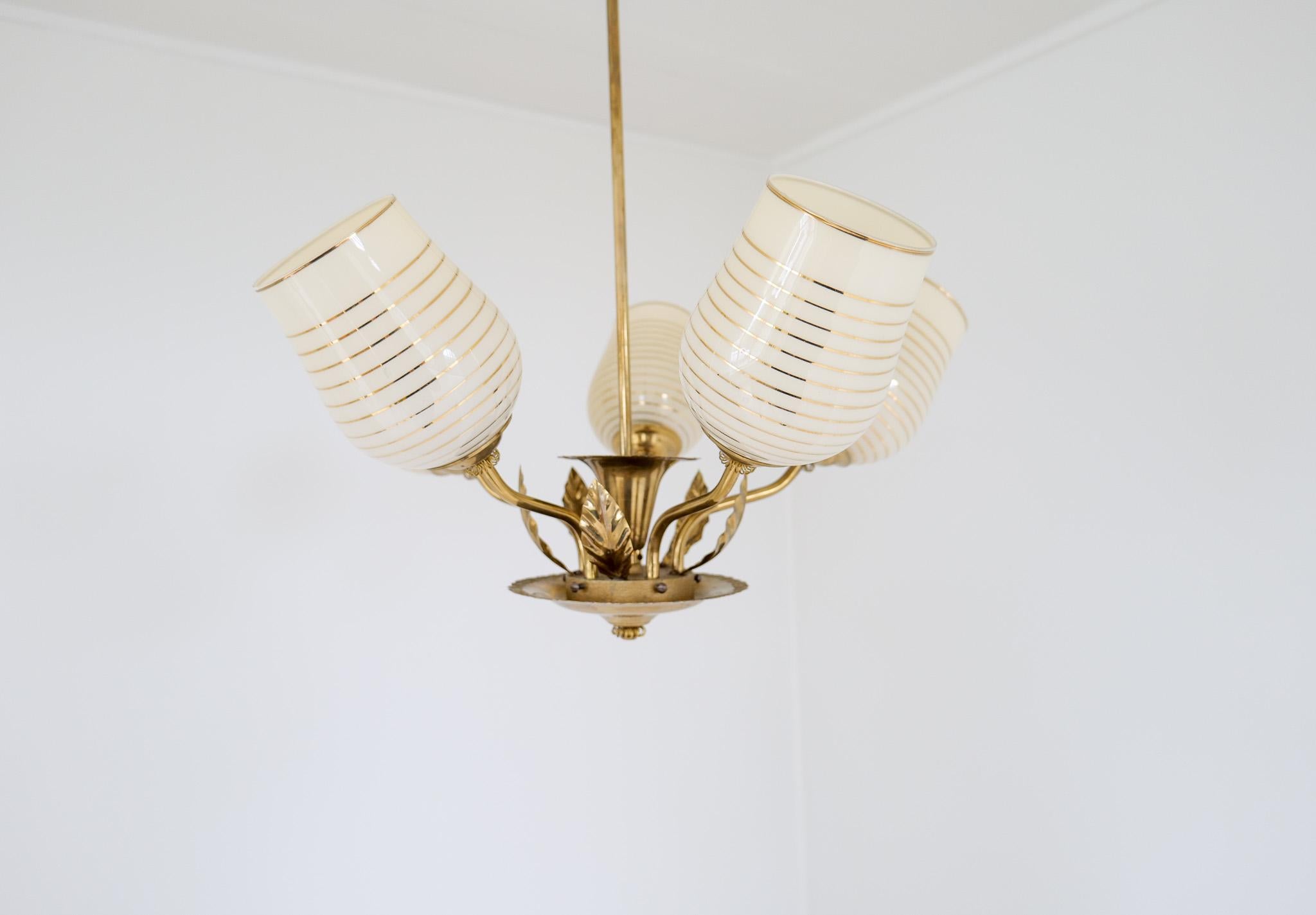 Mid Century Chandelier Lamp in Brass and Glass by Sario, Finland, 1950s For Sale 13