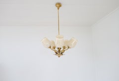 Mid Century Chandelier Lamp in Brass and Glass by Sario, Finland, 1950s