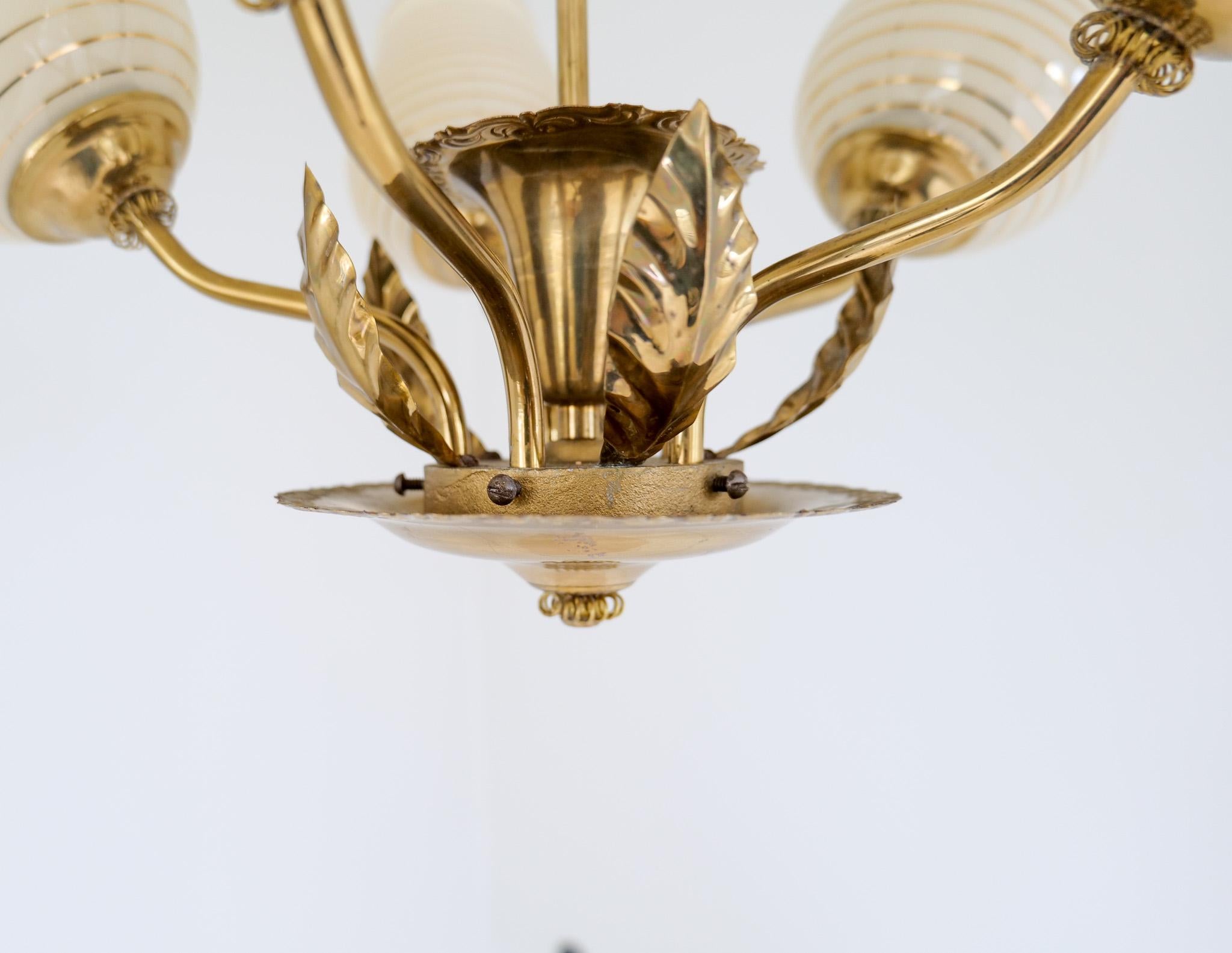 Mid Century Chandelier Lamp in Brass and Glass by Sario, Finland, 1950s For Sale 14