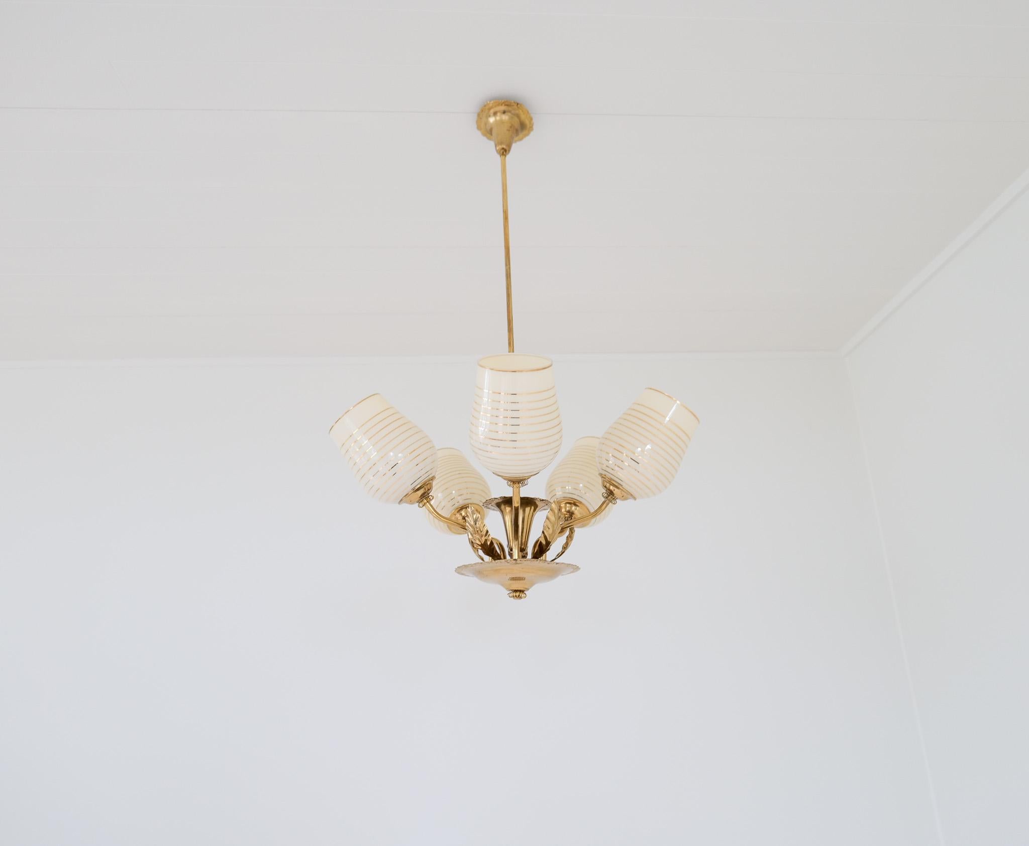 Mid-Century Modern Mid Century Chandelier Lamp in Brass and Glass by Sario, Finland, 1950s For Sale