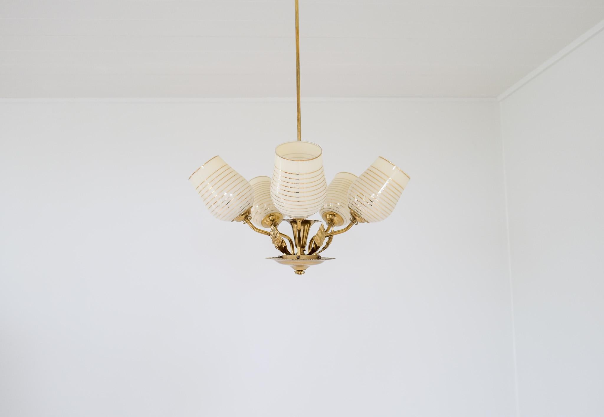 Finnish Mid Century Chandelier Lamp in Brass and Glass by Sario, Finland, 1950s For Sale
