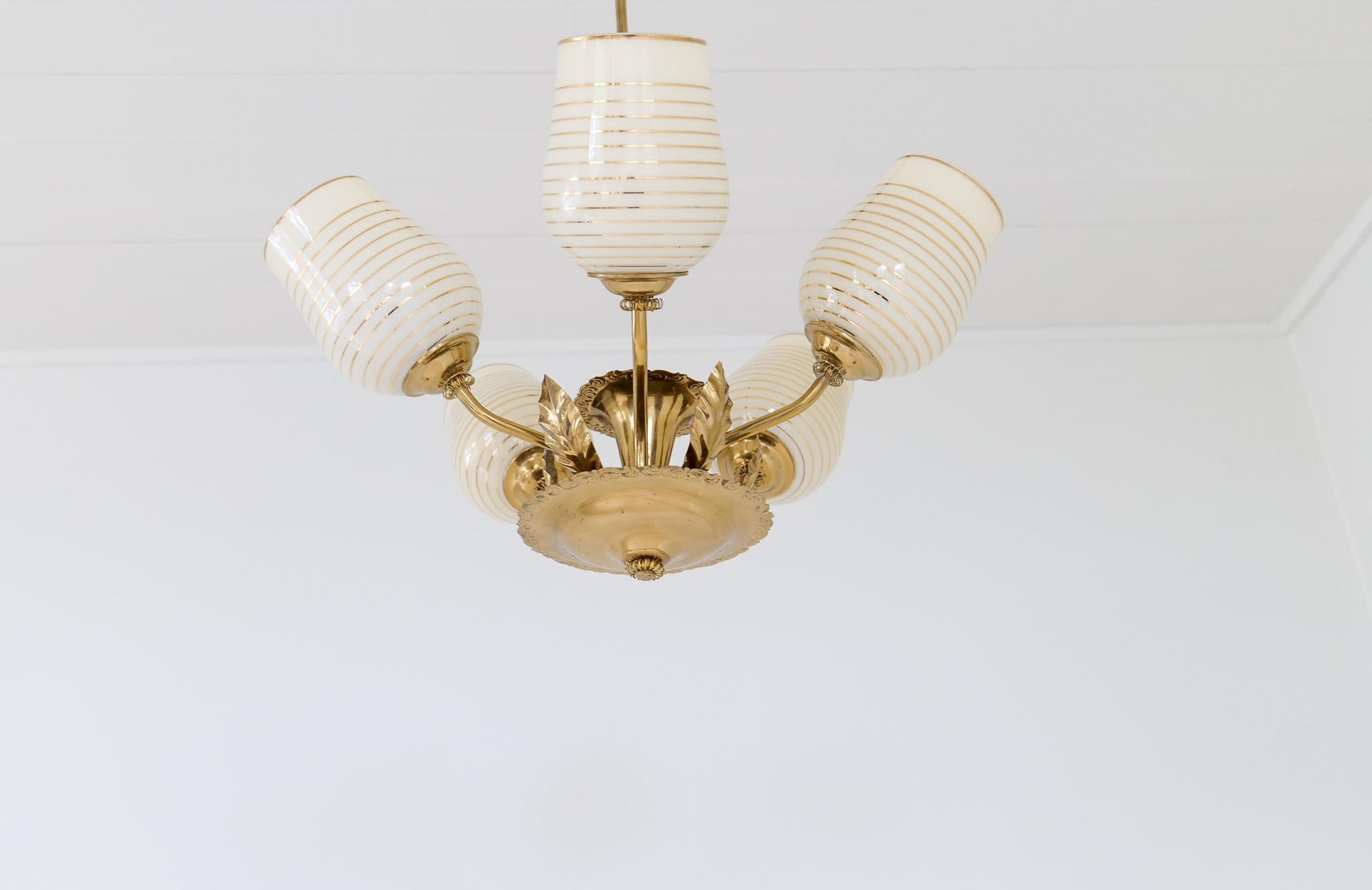Mid-20th Century Mid Century Chandelier Lamp in Brass and Glass by Sario, Finland, 1950s For Sale