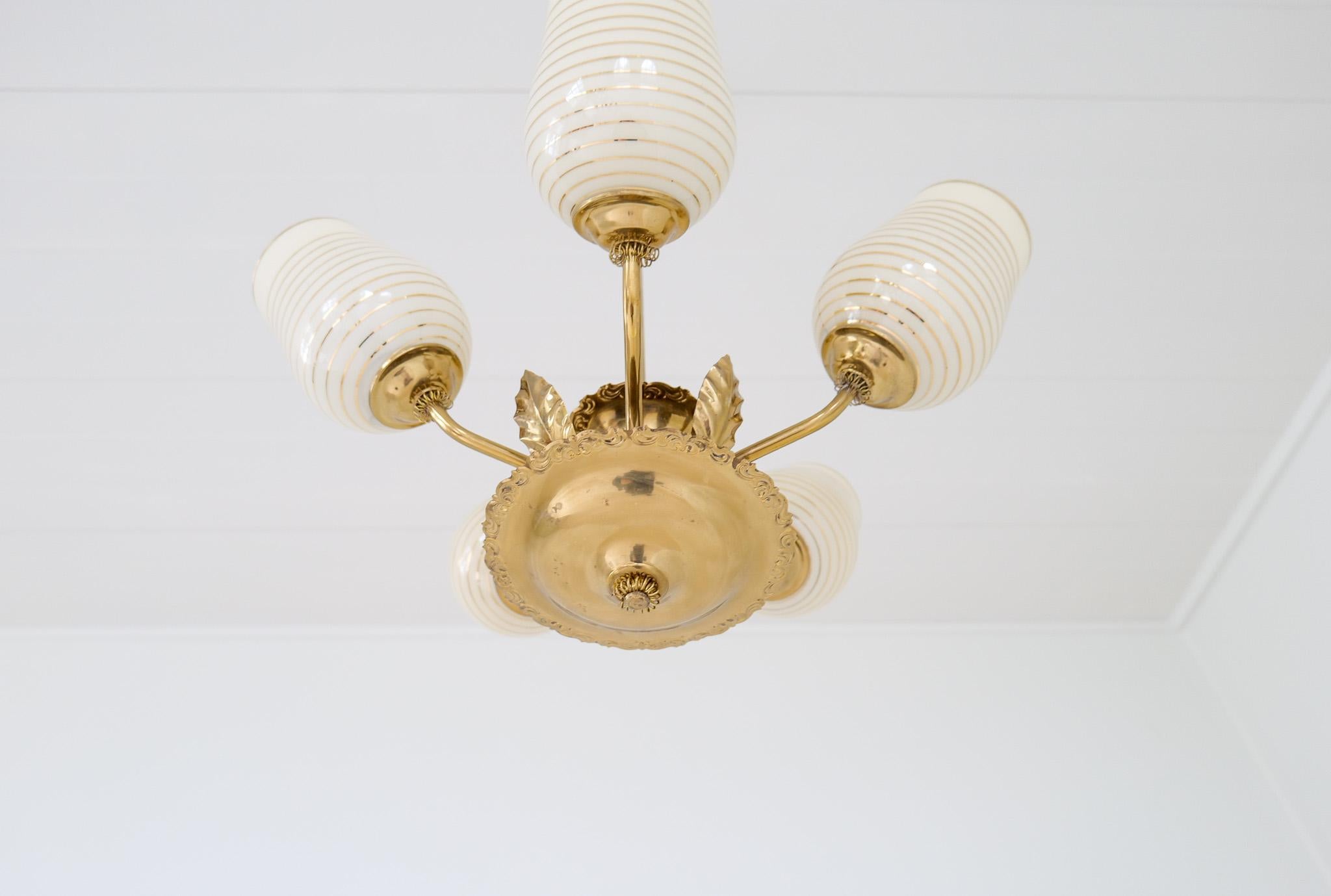 Mid Century Chandelier Lamp in Brass and Glass by Sario, Finland, 1950s For Sale 1