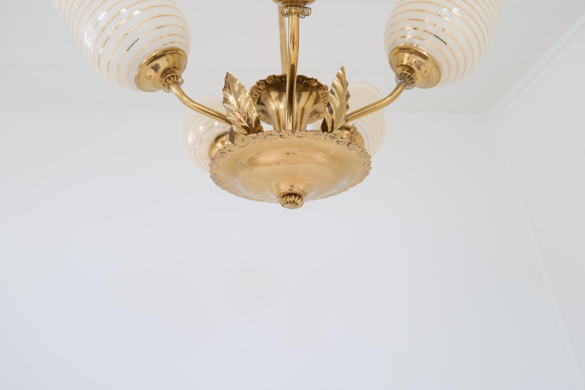 Mid Century Chandelier Lamp in Brass and Glass by Sario, Finland, 1950s For Sale 2