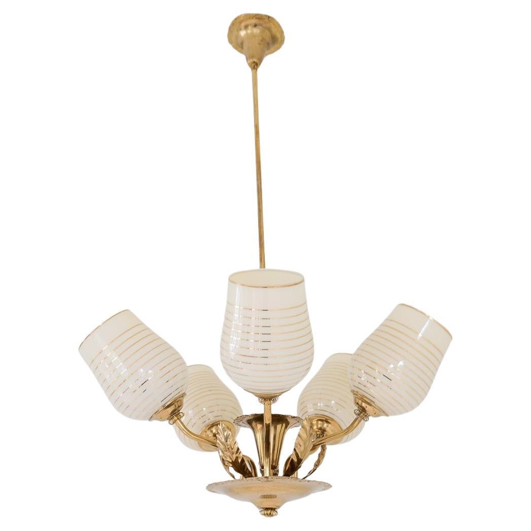 Mid Century Chandelier Lamp in Brass and Glass by Sario, Finland, 1950s For Sale
