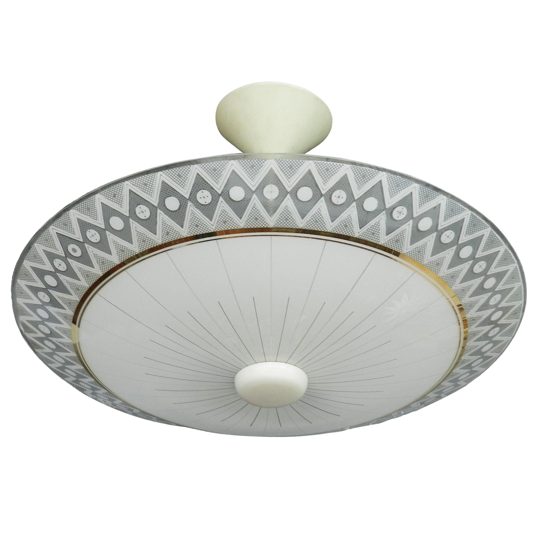Mid Century Light Patterned Glass Pendant Chandelier French, c1950 For Sale