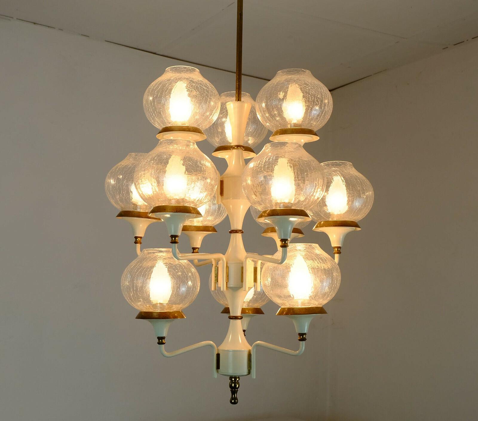 Midcentury Chandelier Metal Brass 12 Crackle Glass Shades For Sale 4