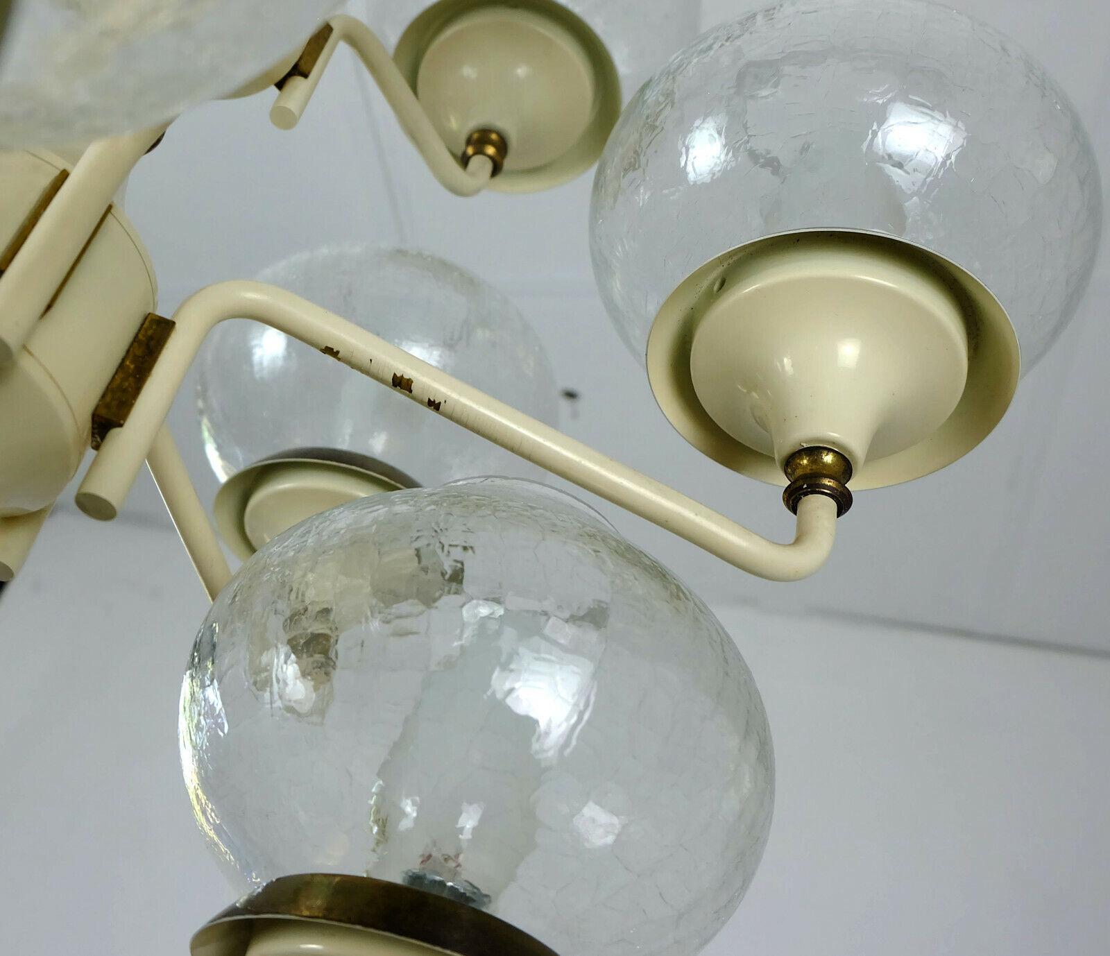 Mid-Century Modern Midcentury Chandelier Metal Brass 12 Crackle Glass Shades For Sale