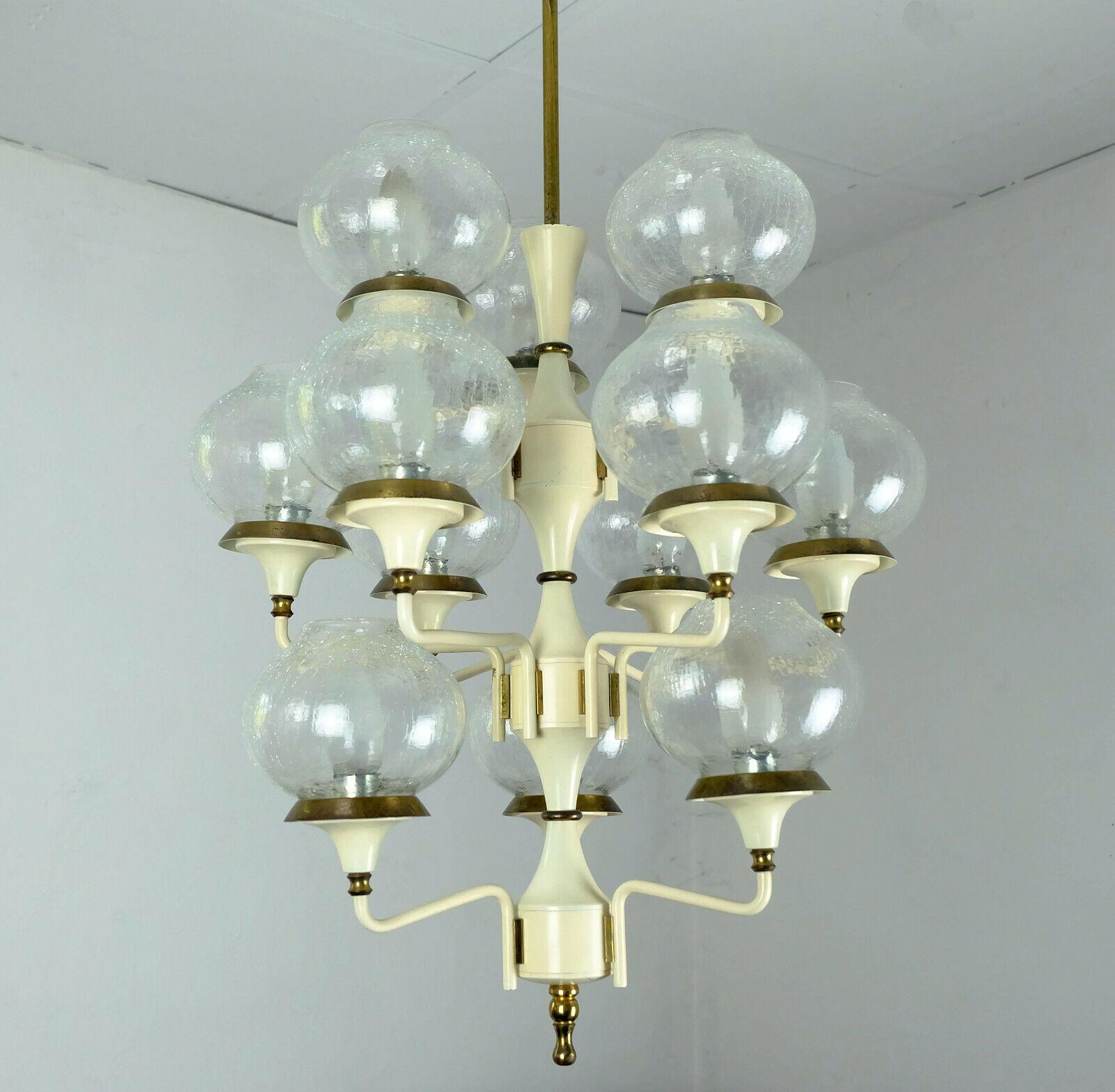 Midcentury Chandelier Metal Brass 12 Crackle Glass Shades For Sale 1