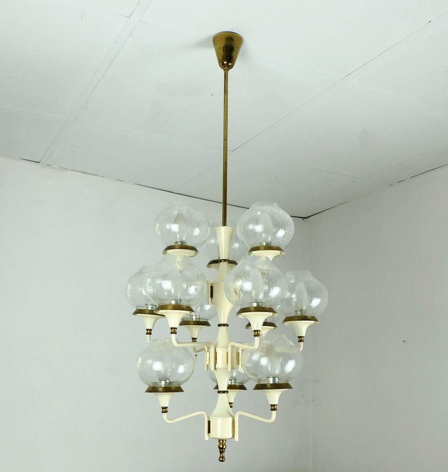 Midcentury Chandelier Metal Brass 12 Crackle Glass Shades For Sale 2