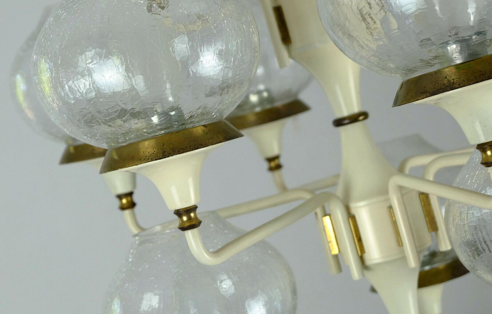 Midcentury Chandelier Metal Brass 12 Crackle Glass Shades For Sale 3