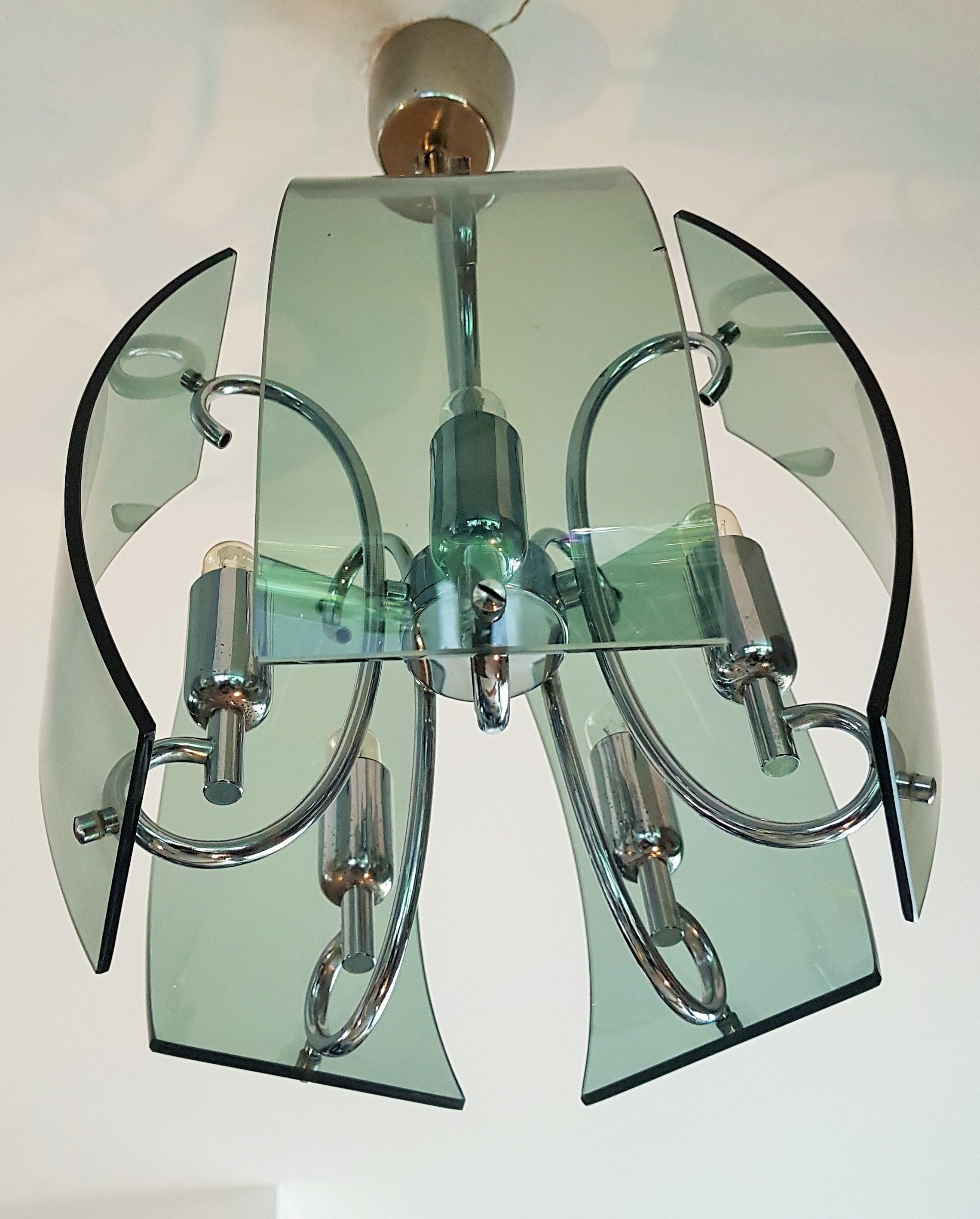 Mid-Century Chandelier Pendant Blue Glass Style Fontana Arte, Italy, 1960 3