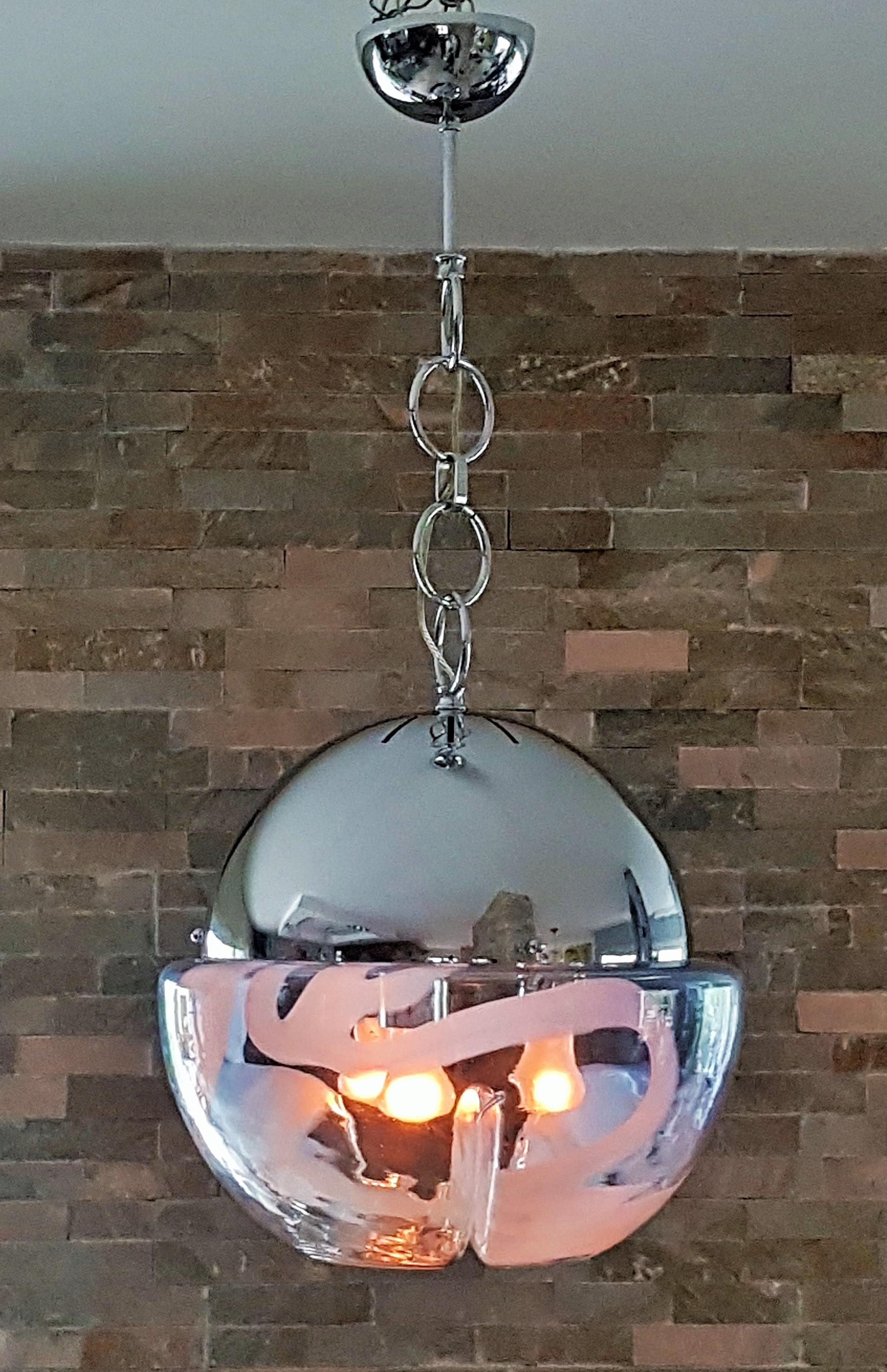 Italian Midcentury Chandelier Pendant Chrome Opalescent Glass by Mazzega, Italy, 1960s For Sale