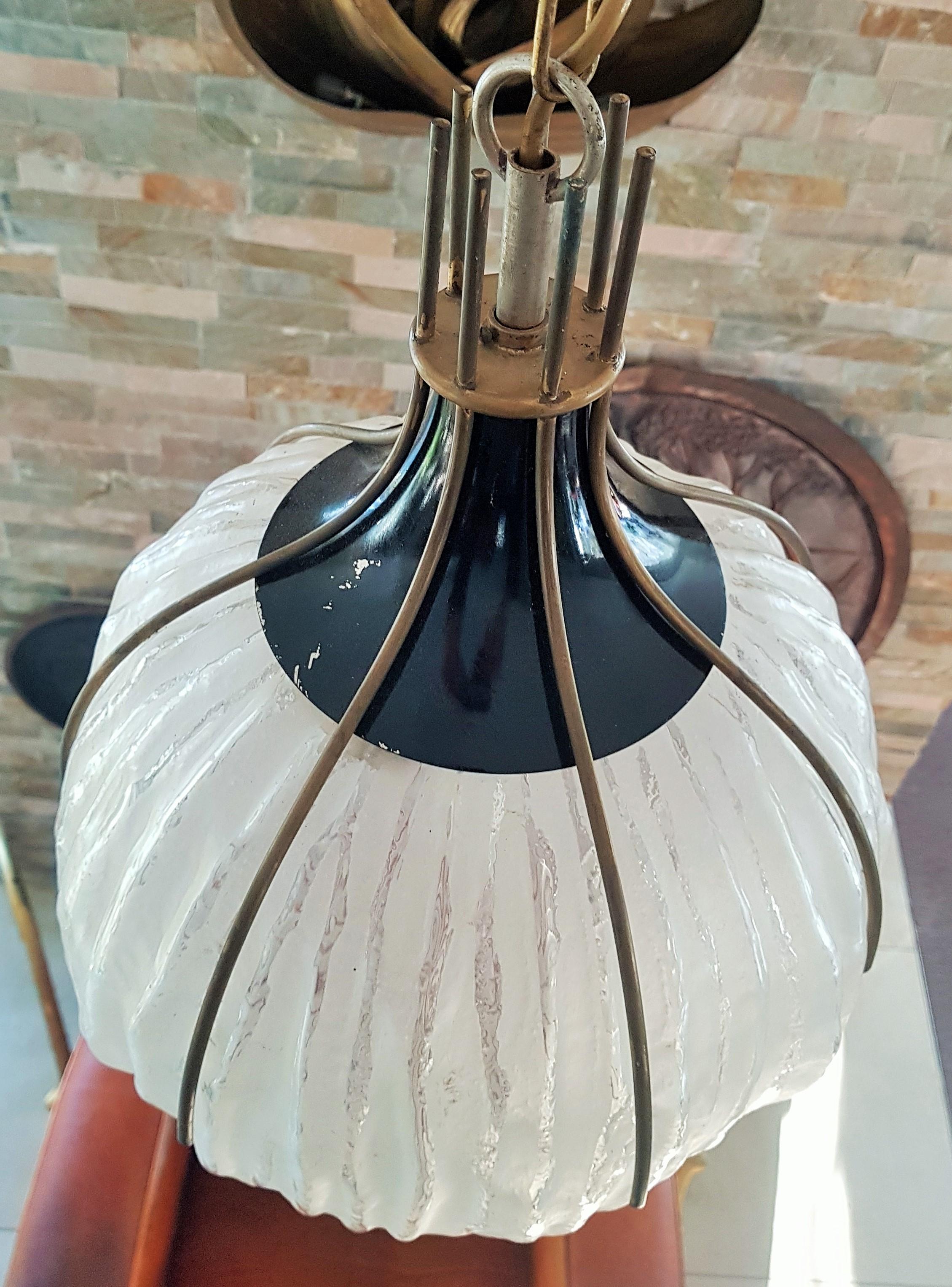 Mid-Century Chandelier Pendant Frosted Glass, Brass by Angelo Brotto, Italy 1960 For Sale 8