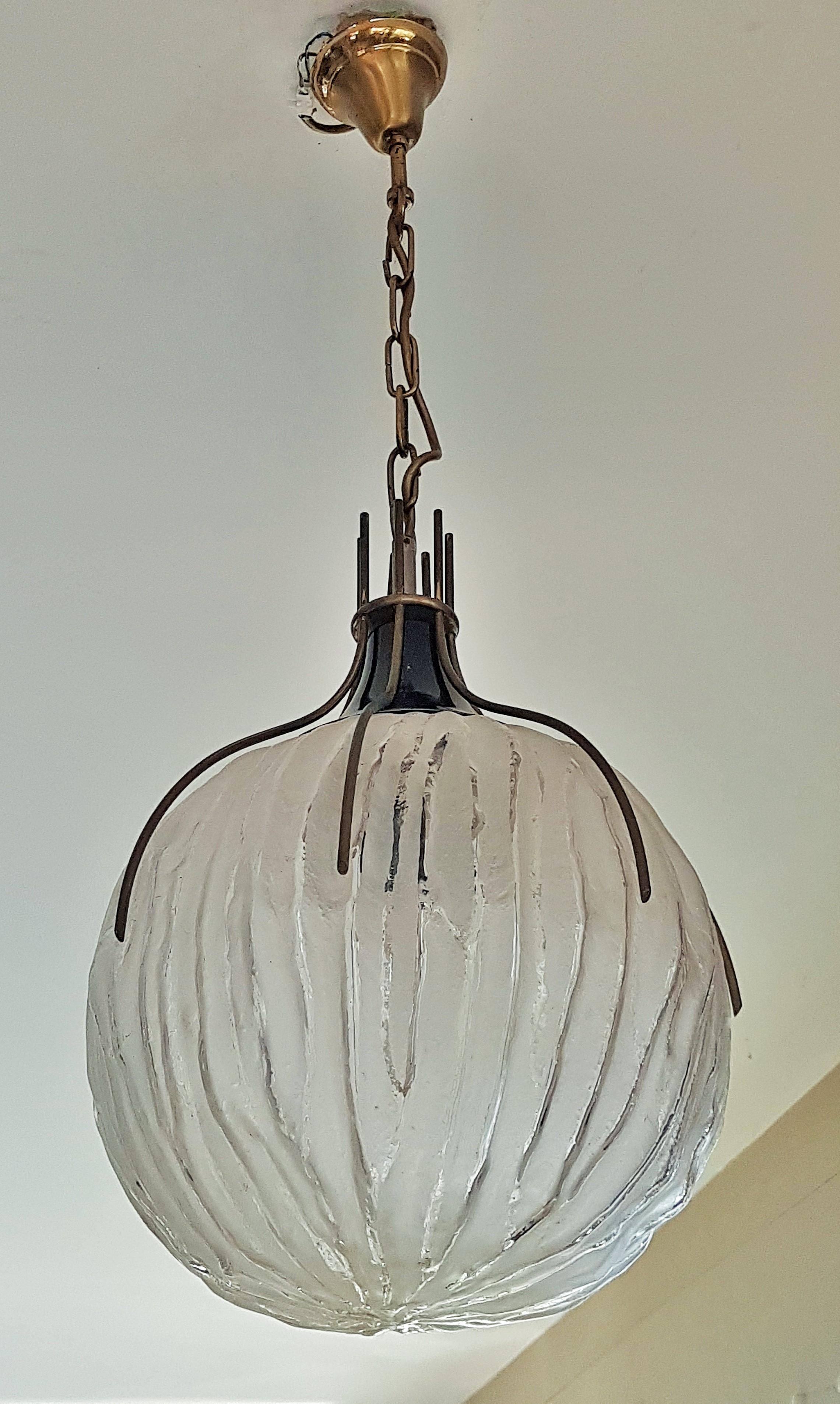 Mid-Century Chandelier Pendant Frosted Glass, Brass by Angelo Brotto, Italy 1960 For Sale 9