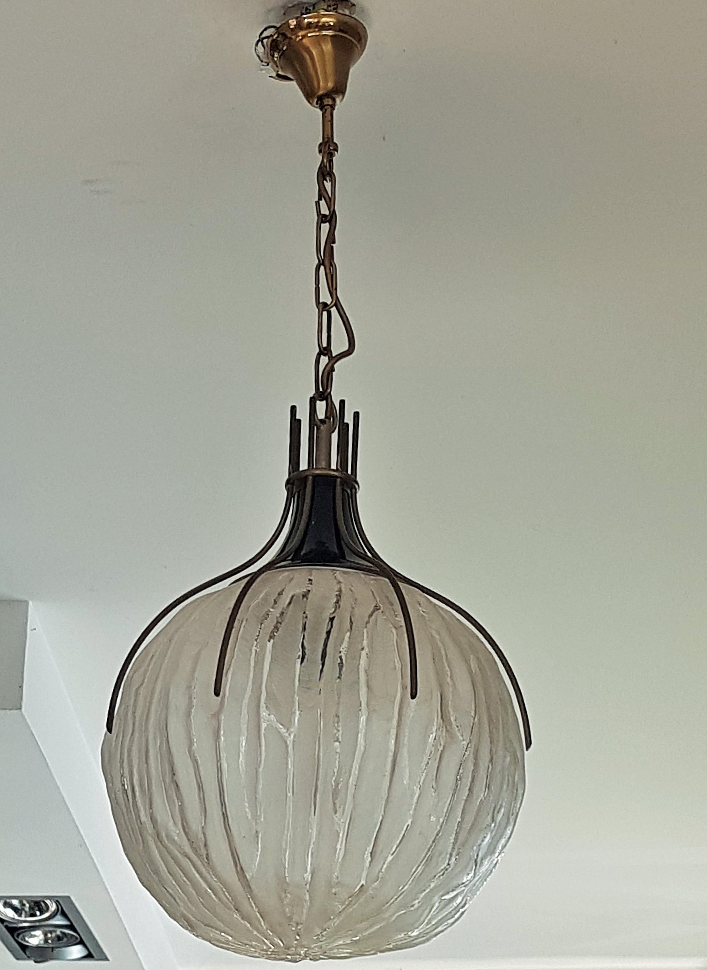 Mid-Century Chandelier Pendant Frosted Glass, Brass by Angelo Brotto, Italy 1960 For Sale 10
