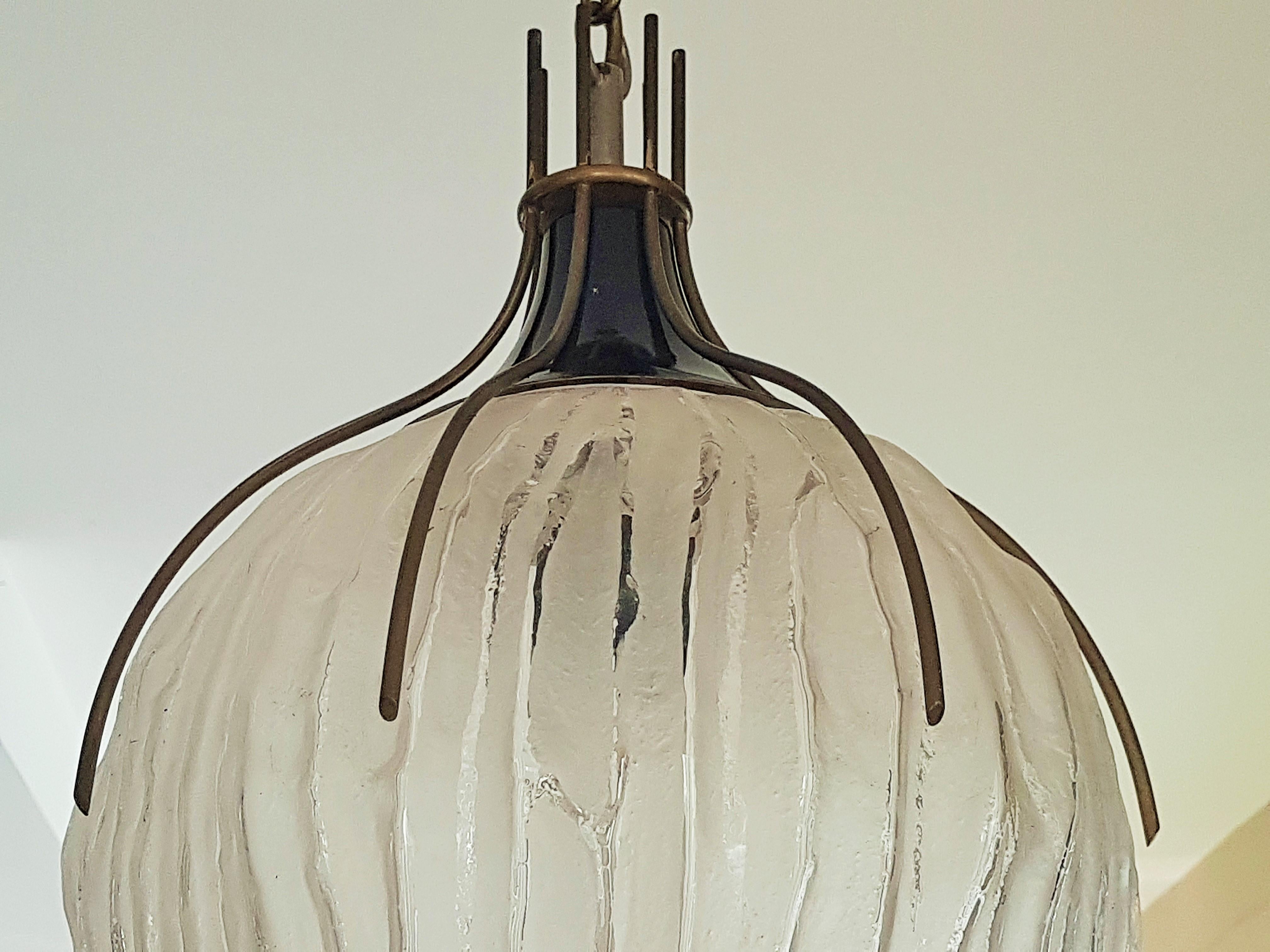 Mid-Century Chandelier Pendant Frosted Glass, Brass by Angelo Brotto, Italy 1960 For Sale 12