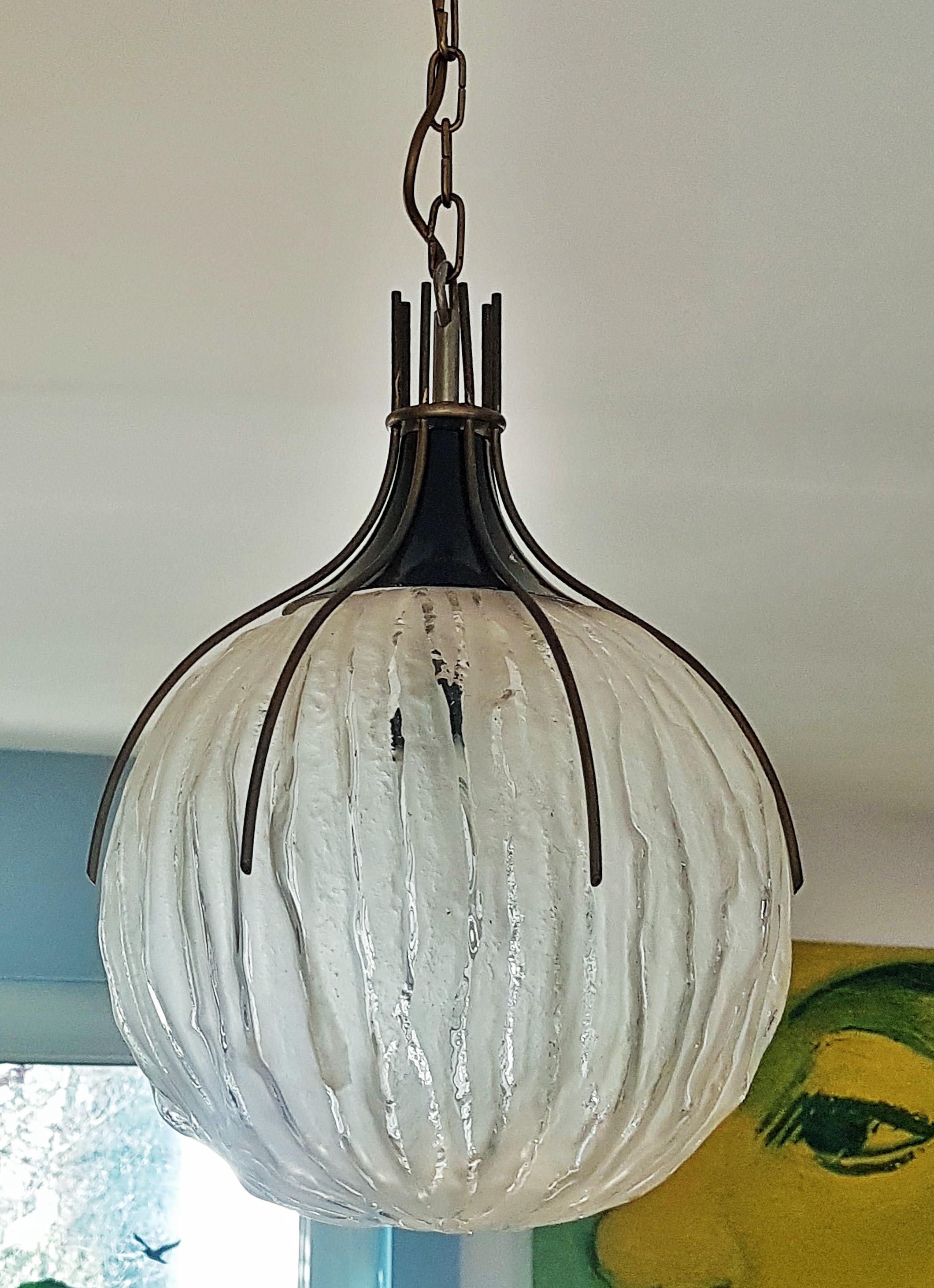 Mid-Century Chandelier Pendant Frosted Glass, Brass by Angelo Brotto, Italy 1960 For Sale 1