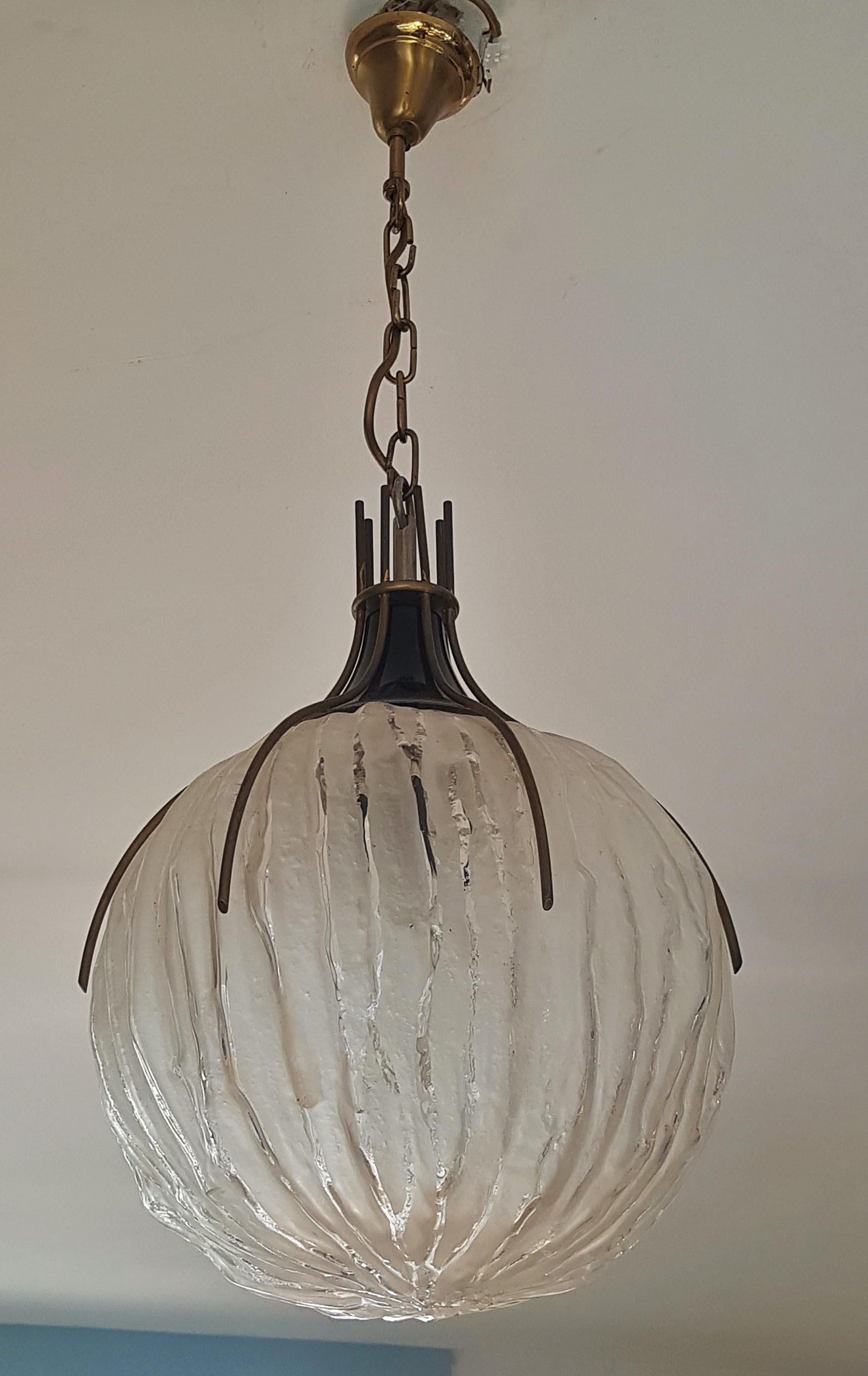 Mid-Century Chandelier Pendant Frosted Glass, Brass by Angelo Brotto, Italy 1960 For Sale 2